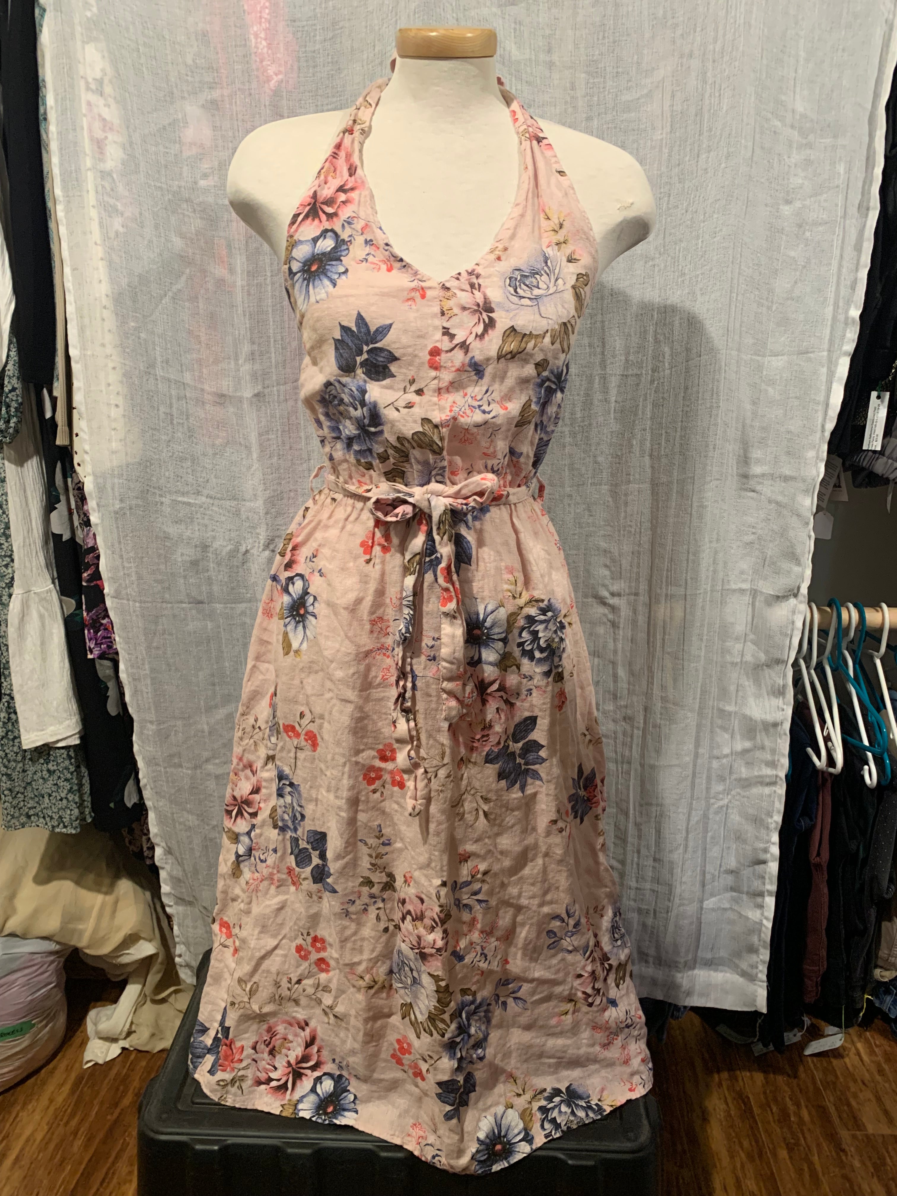 Size L Valentina Naldi Made in Italy 100% Linen Floral Halter Neck Tie – VARDO Vintage & Valuables