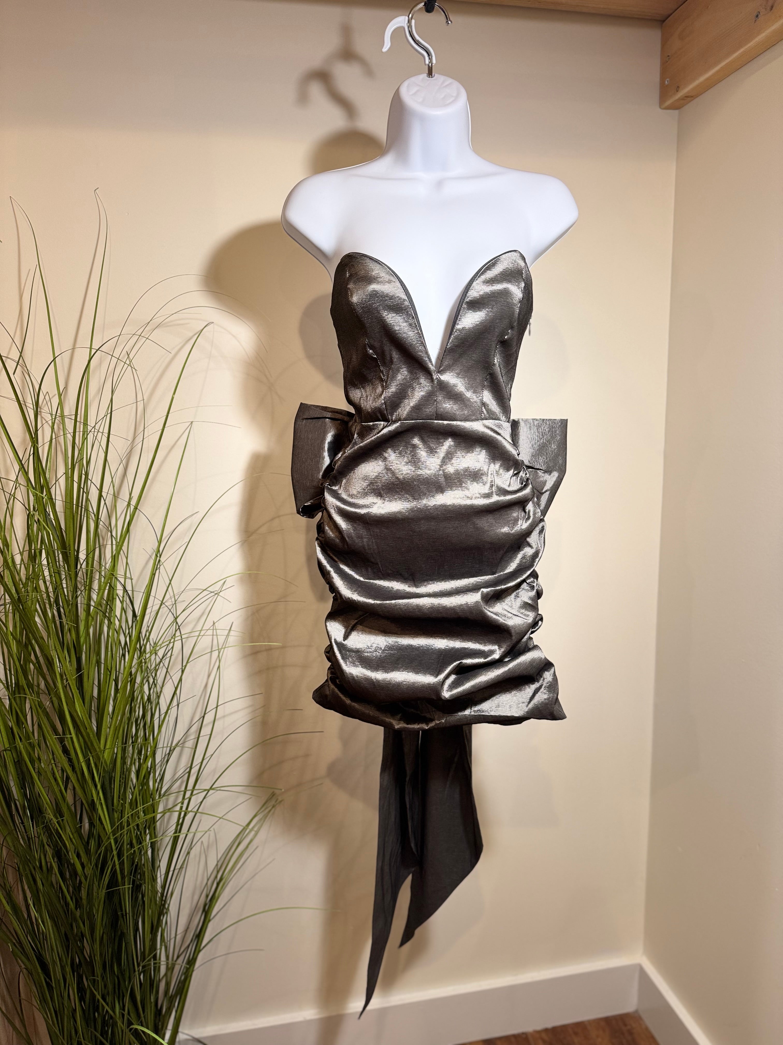 bardot metallic dress Klesis Grey Metallic V-Bar Bardot Mini Dress – VARDO Vintage & Valuables