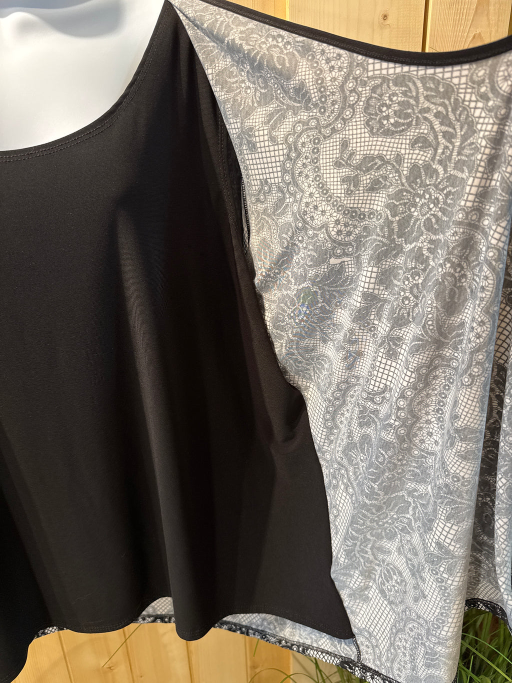 Vamp Black Short Sleeve Layered Top with Victorian Style Floral Pattern