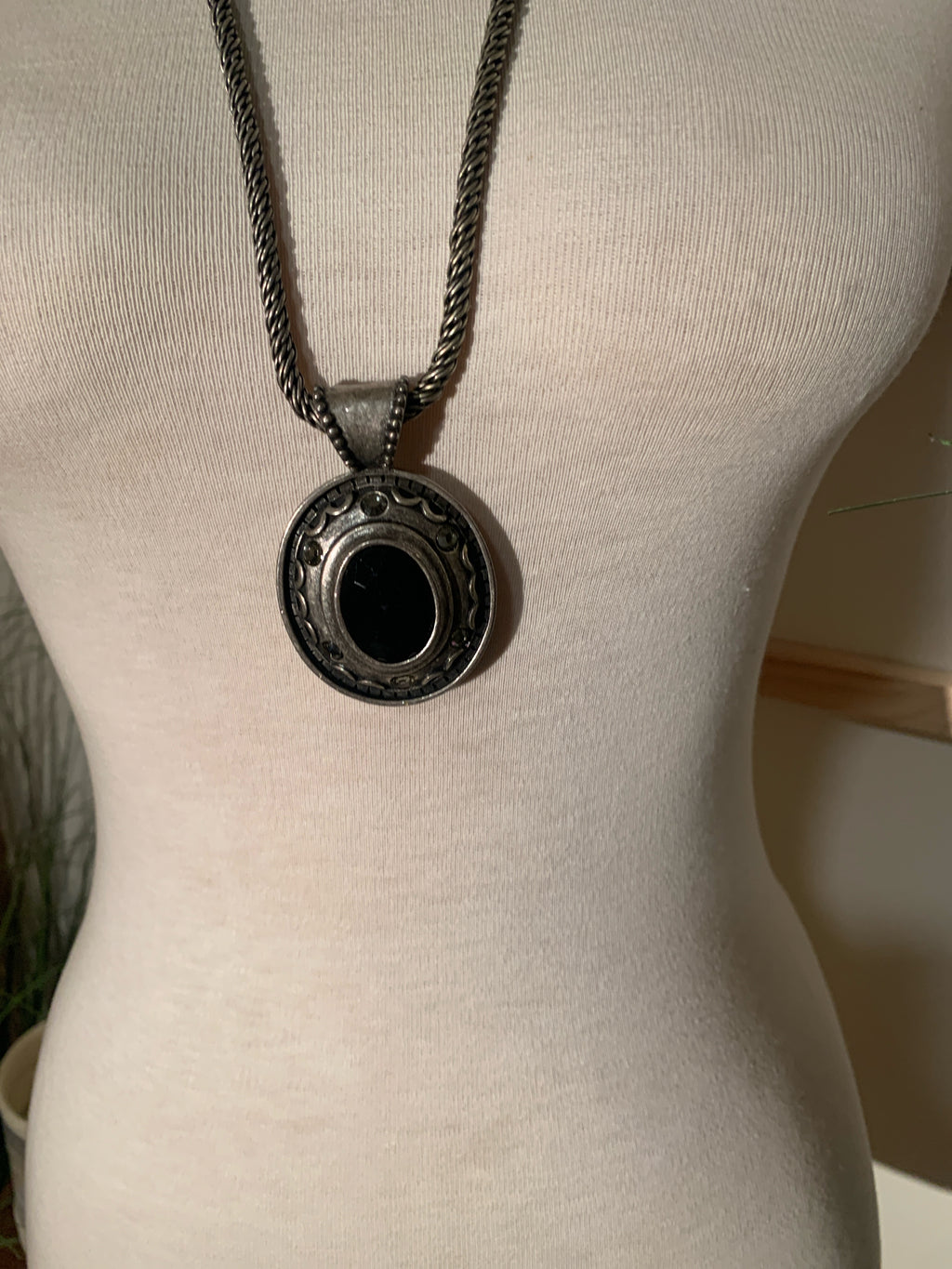 Bohemian Medallion Necklace with Long Silver Toned Rope Chain