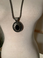 Bohemian Medallion Necklace with Long Silver Toned Rope Chain