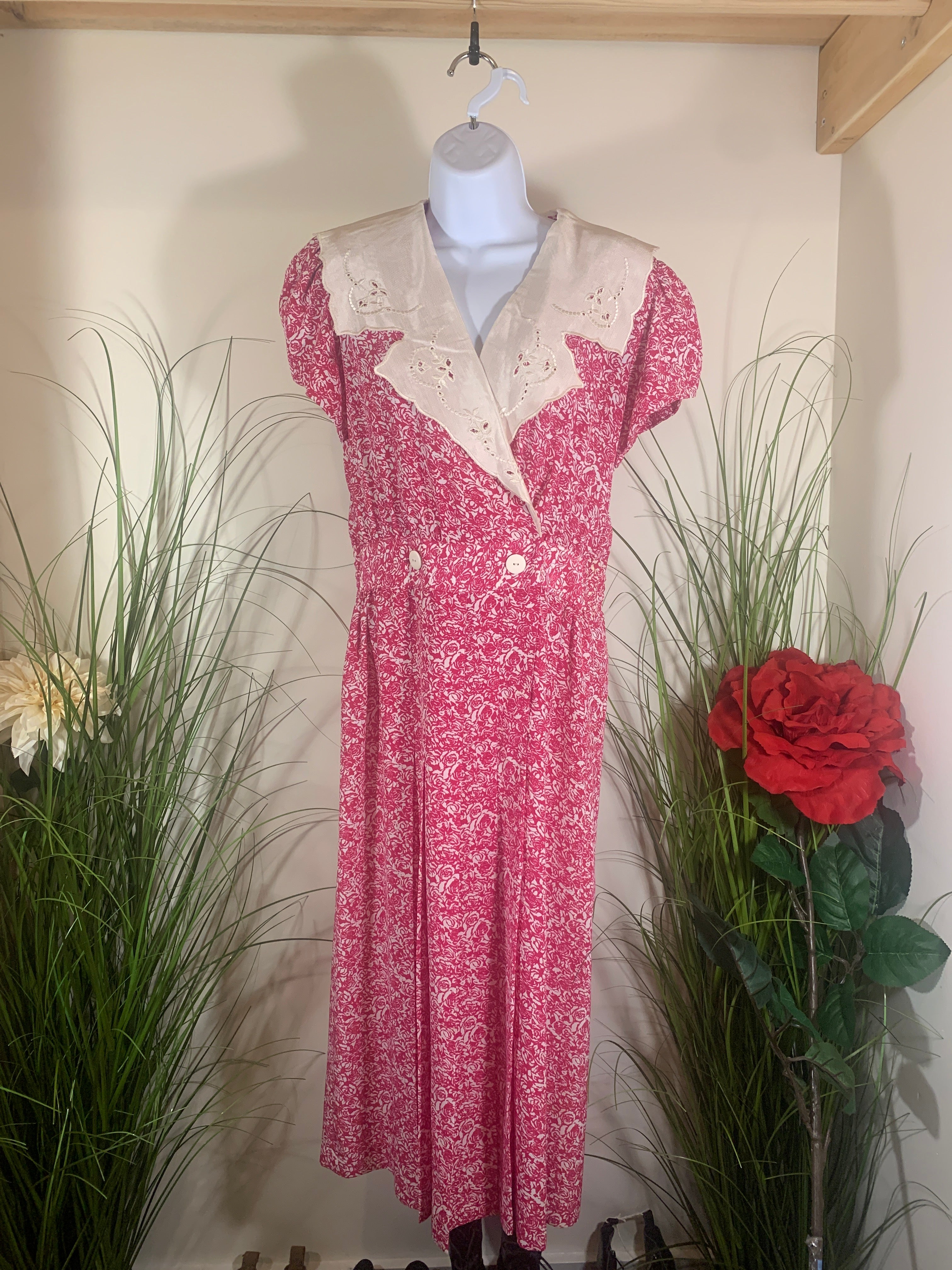 Size 7/8 Vintage Act 1 Pink Prairie 1970s Floral Print Dress Pioneer Cottage