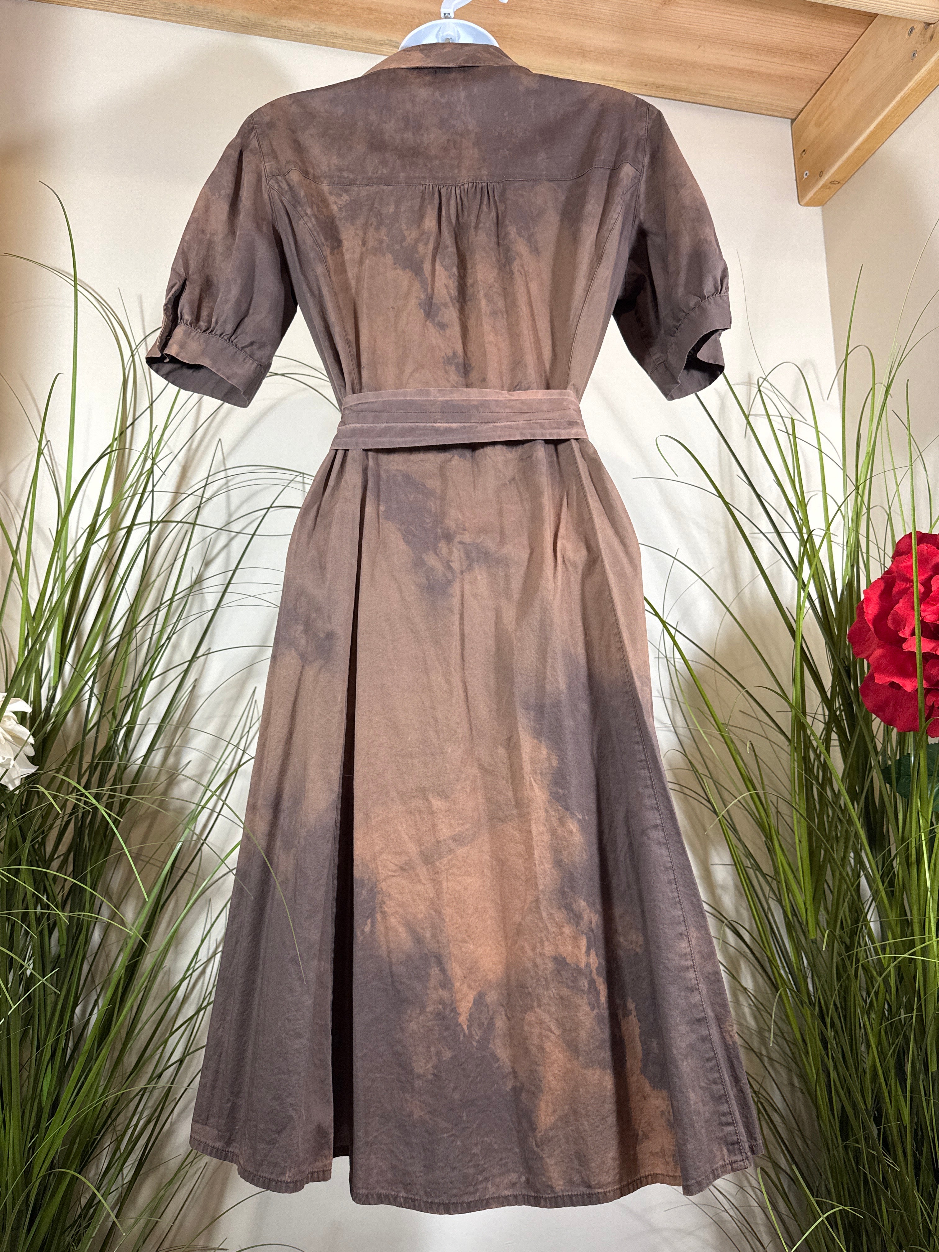 Cotton tie-dye Short Sleeve Dress-￼ button front collared