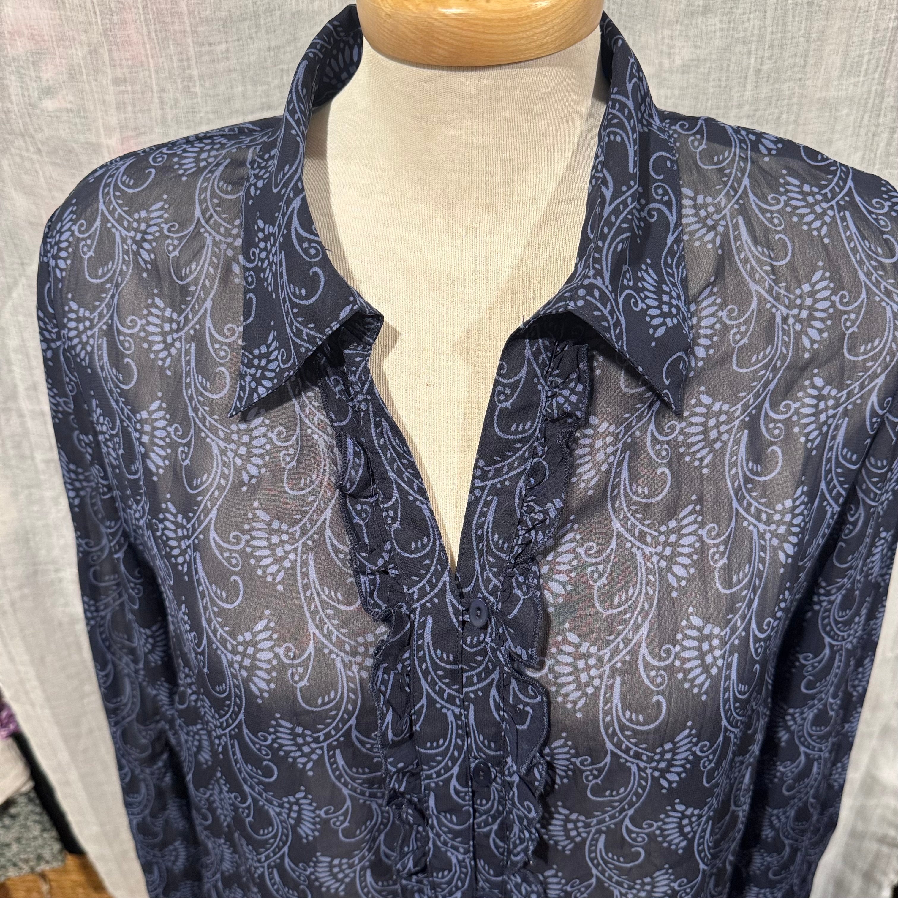 Size 12 Jessica Sheer Ruffle Front Button Up Blouse