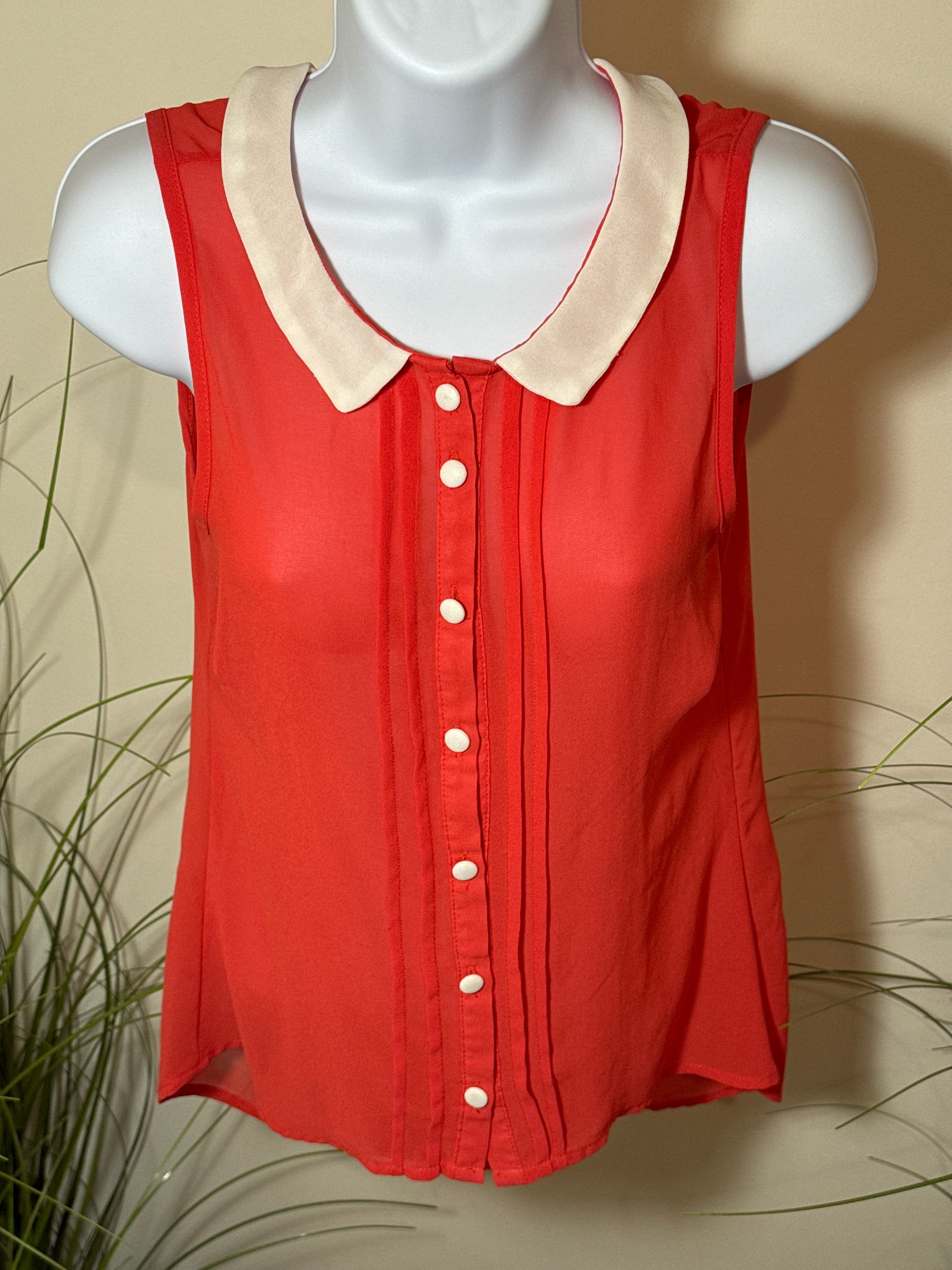 Sheer Red Top with White Collar and Matching Buttons