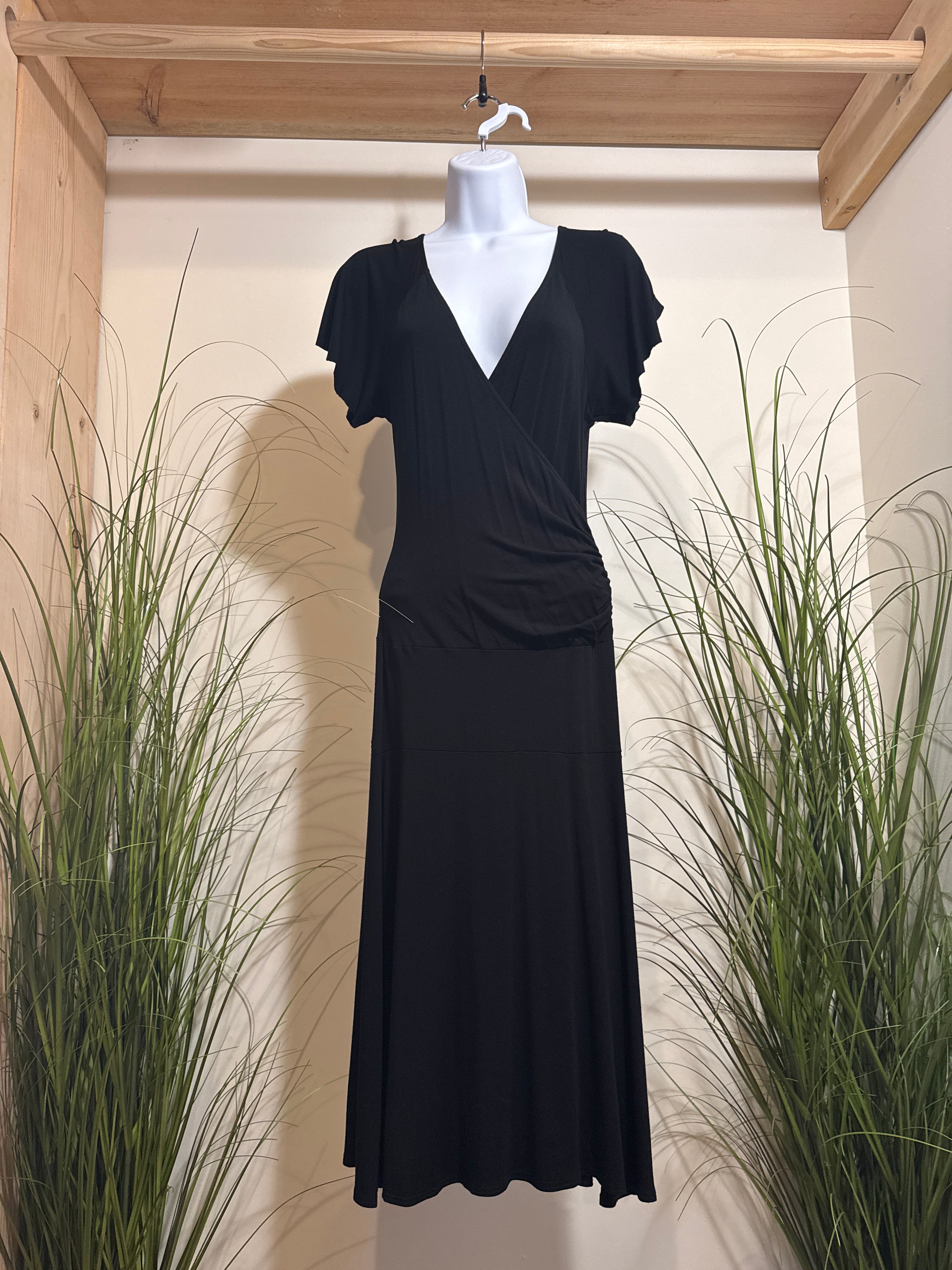 Plunging V-neck Long Black Rayon Dress