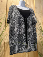 Vamp Black Short Sleeve Layered Top with Victorian Style Floral Pattern