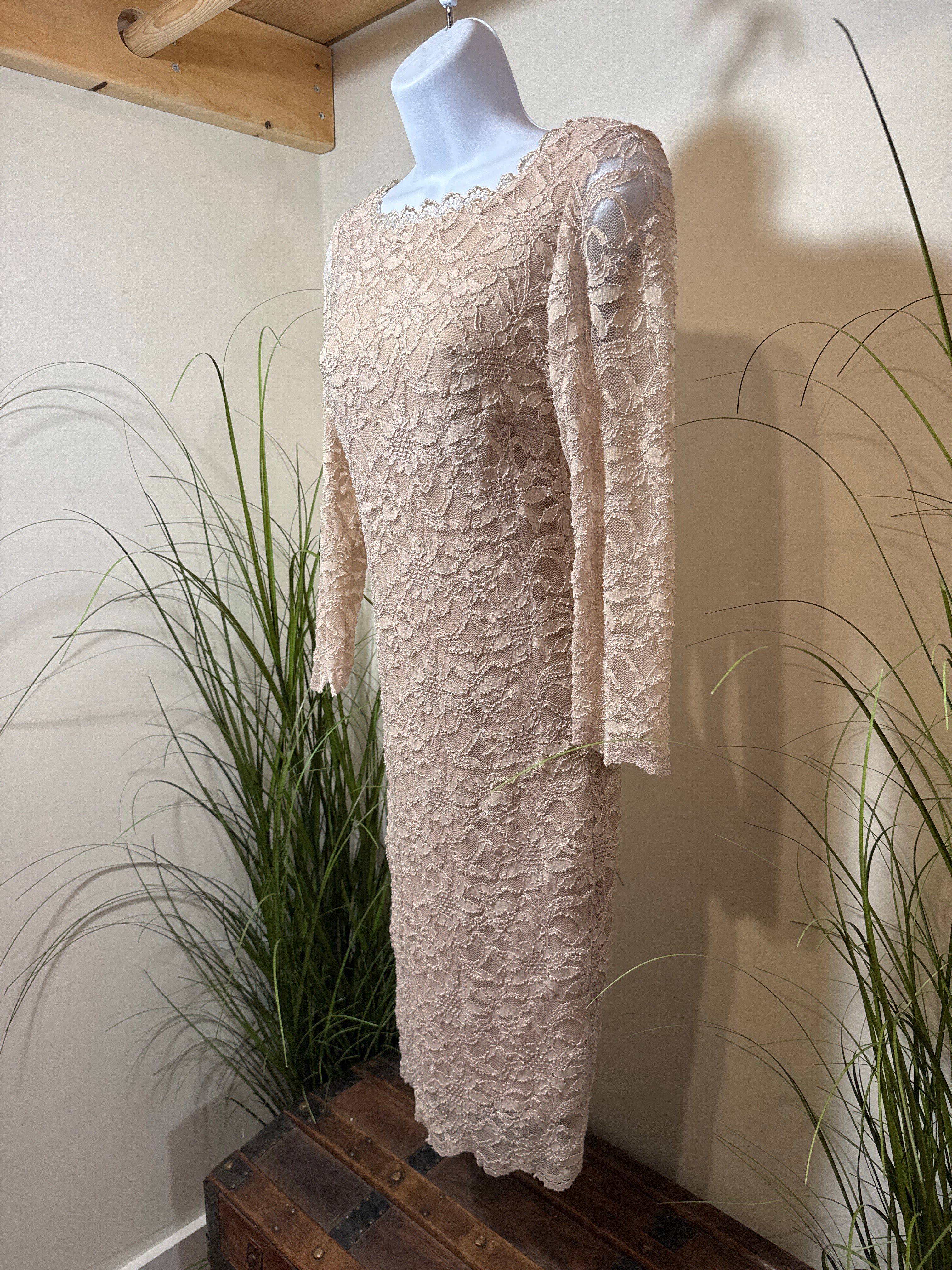 Frank Lyman Design Zipper Back Dress in Beige and Gold