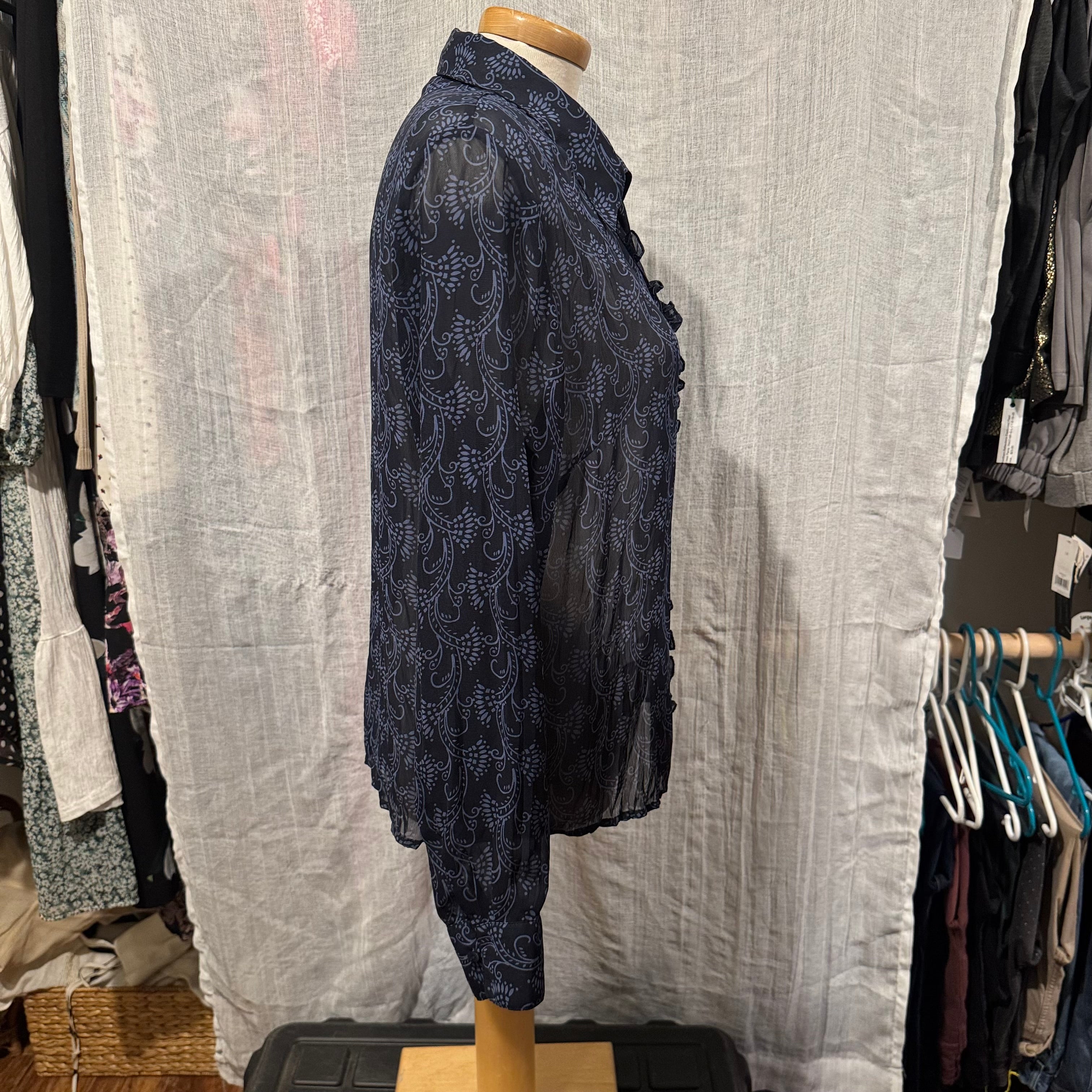 Size 12 Jessica Sheer Ruffle Front Button Up Blouse