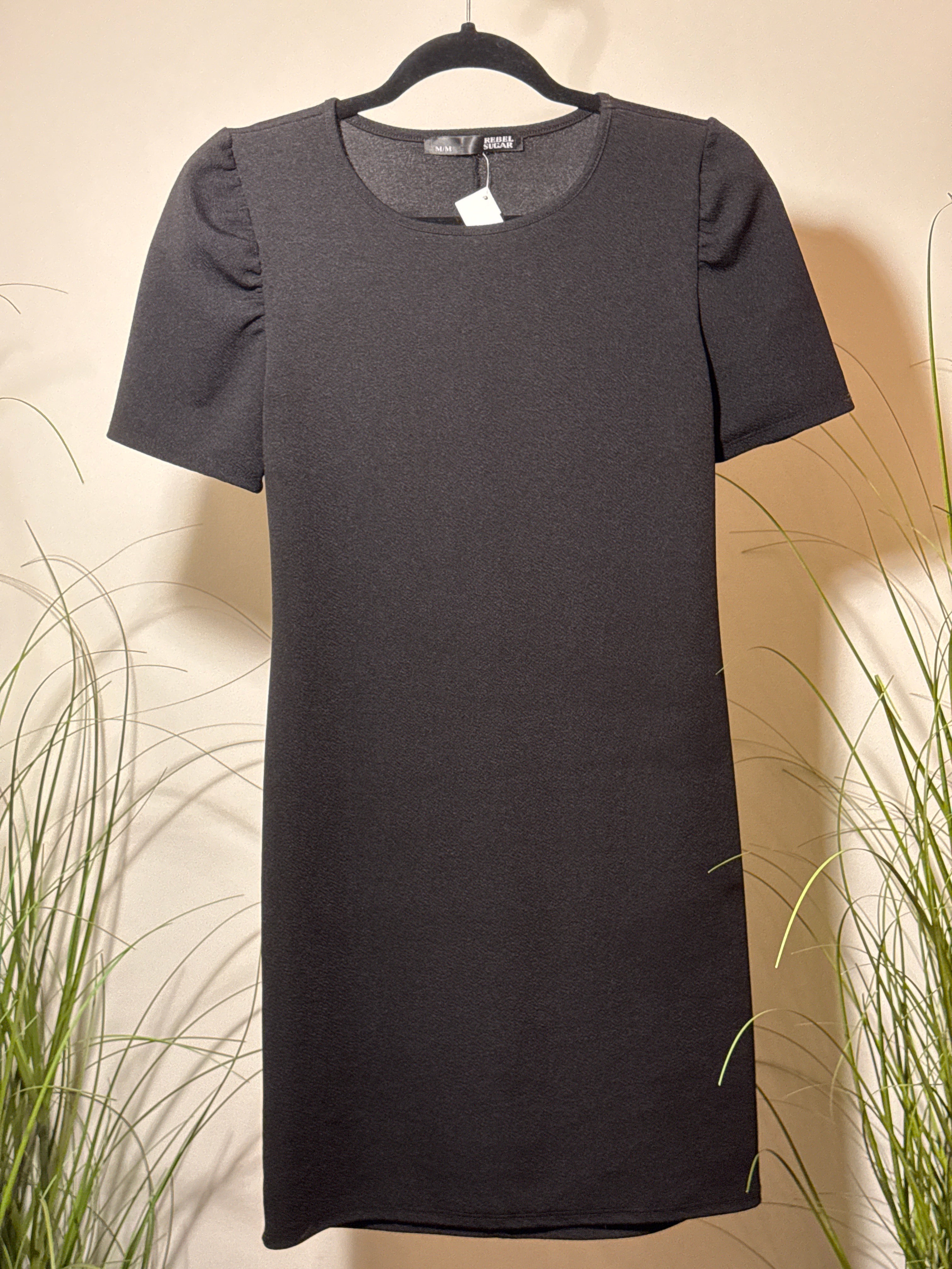 Black Puff Shoulder Shift Dress- Goth- Mod- Chic