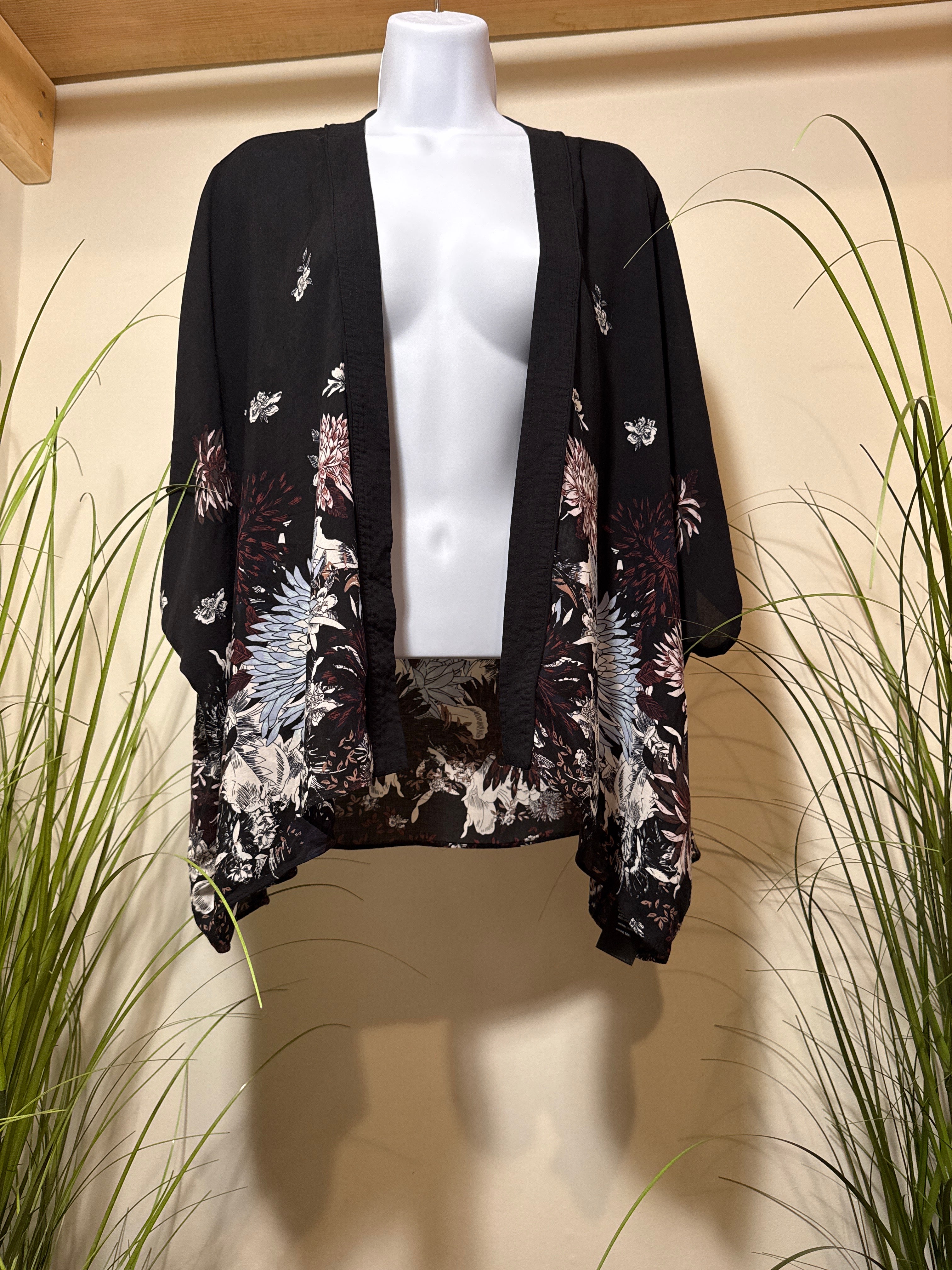Aritzia Black Floral Kimono Style Cardigan