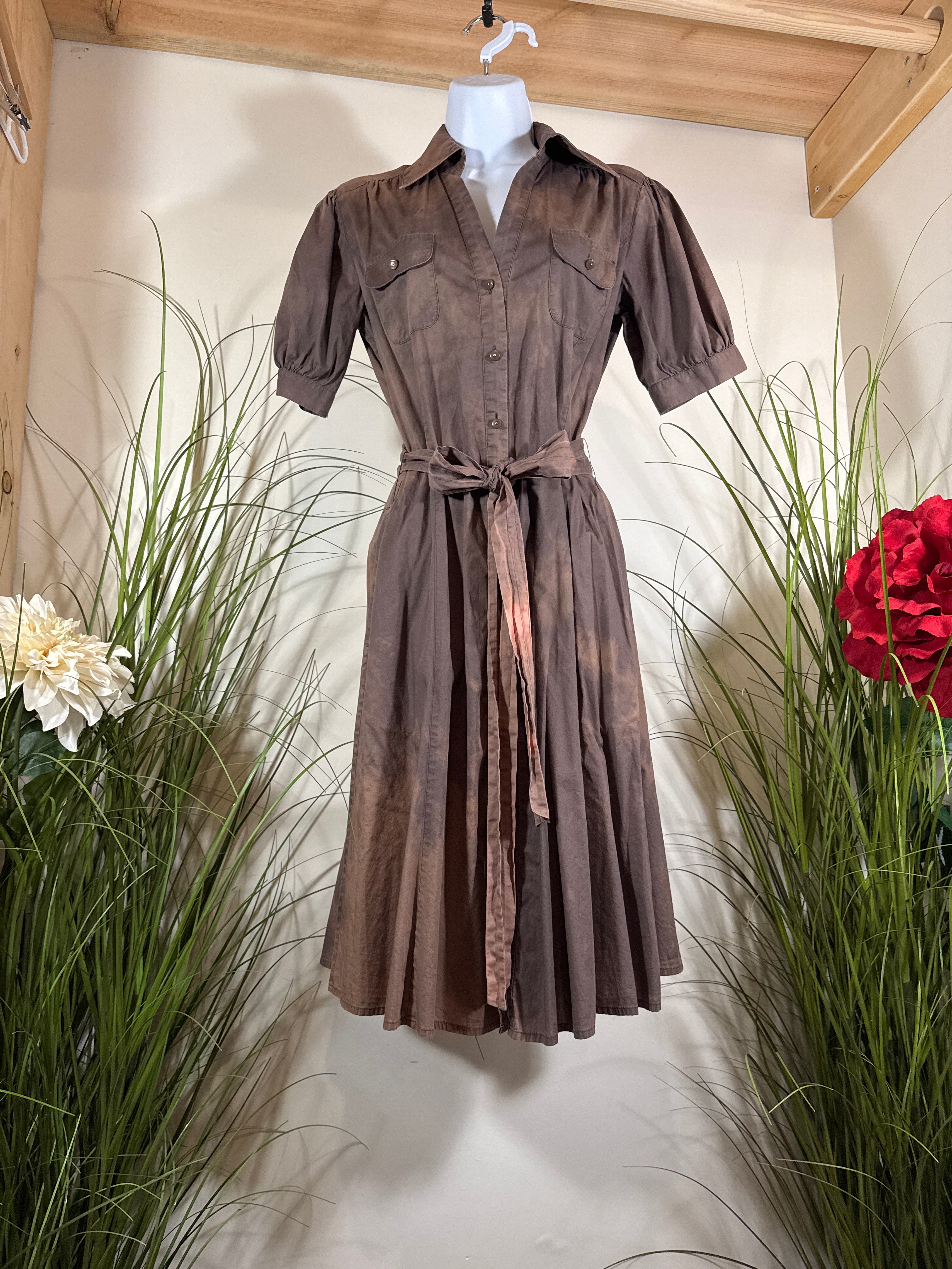 Cotton tie-dye Short Sleeve Dress-￼ button front collared