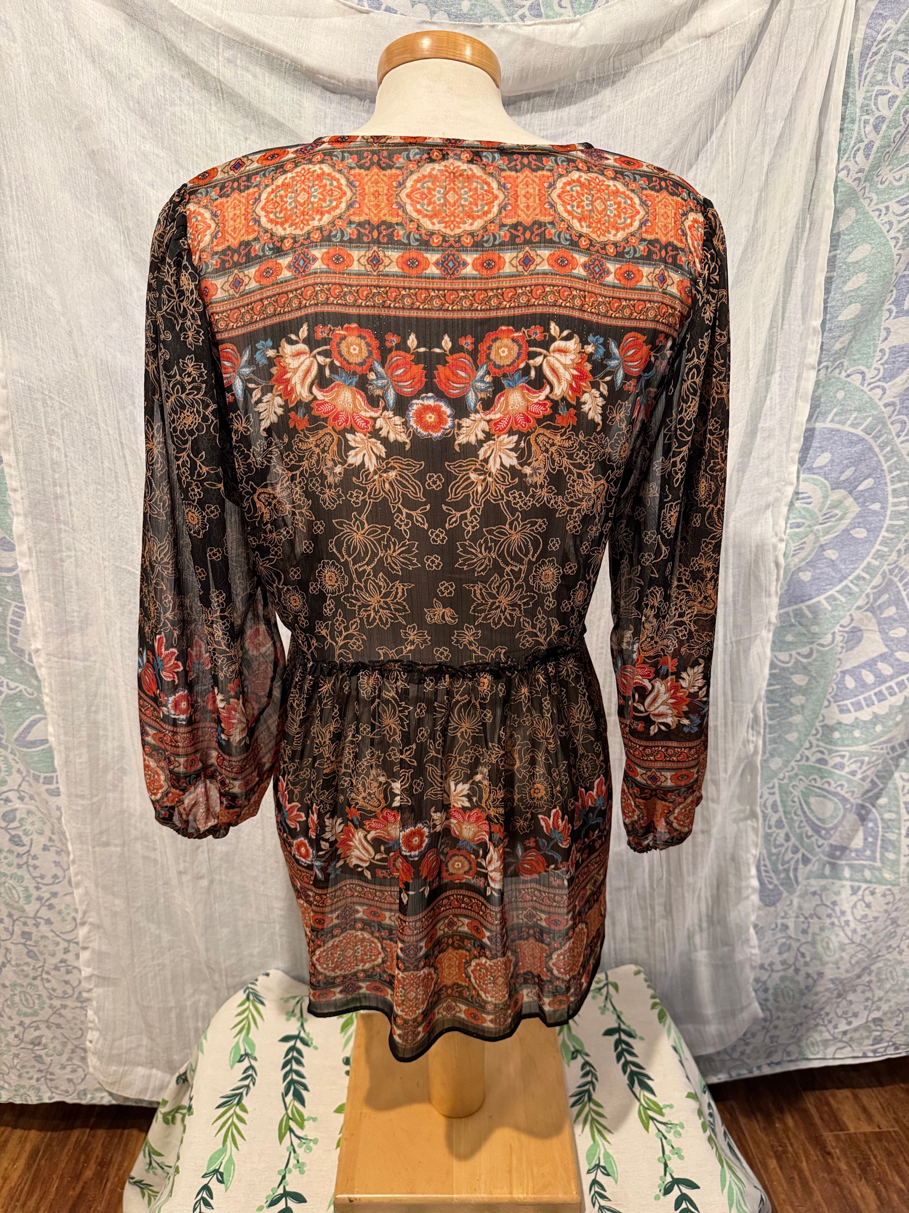 Size L Rose + Olive 100% Rayon Sheer Boho Blouse
