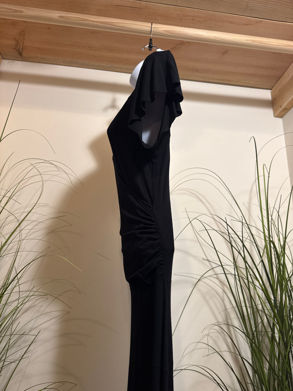 Plunging V-neck Long Black Rayon Dress