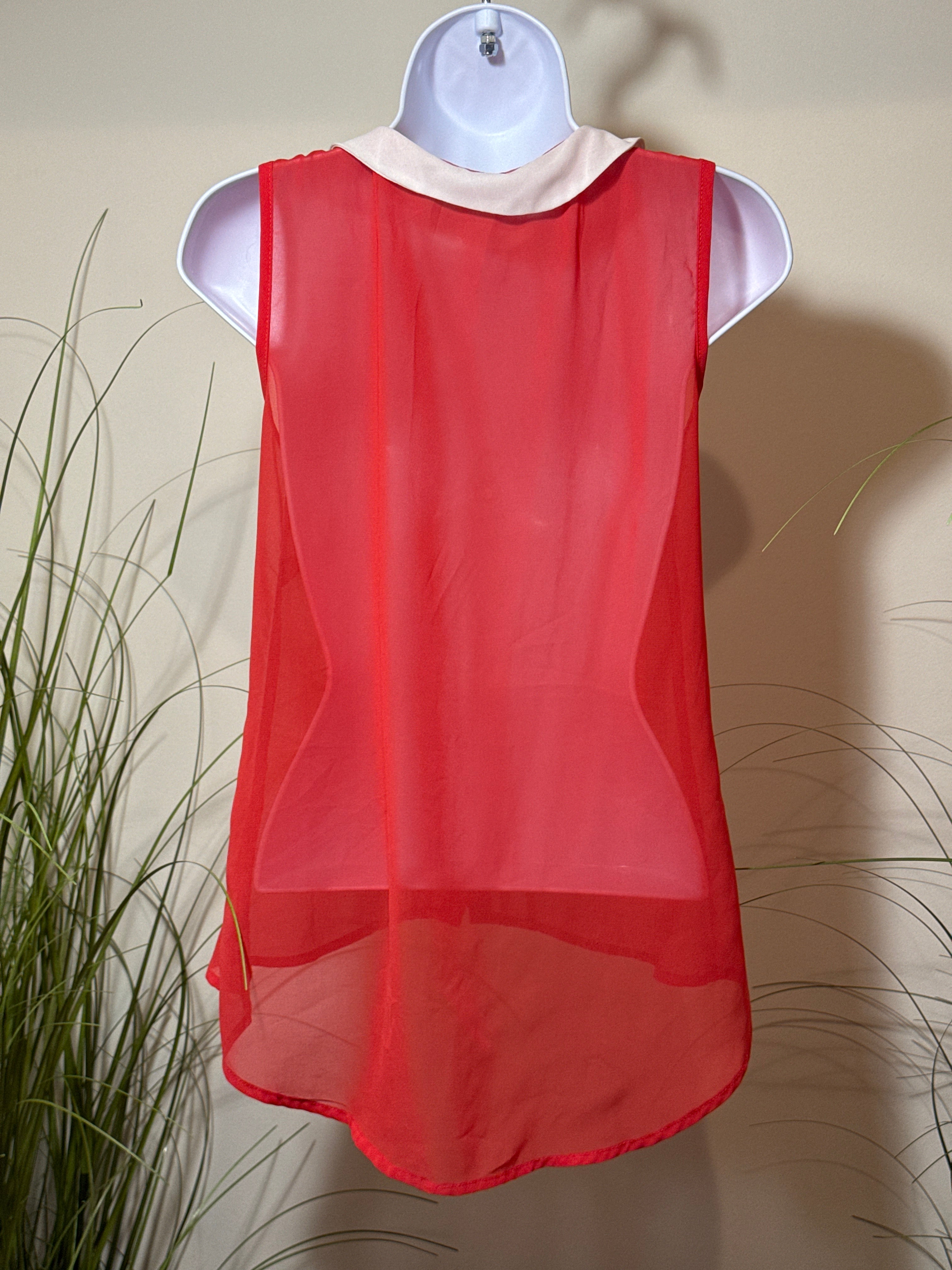 Sheer Red Top with White Collar and Matching Buttons