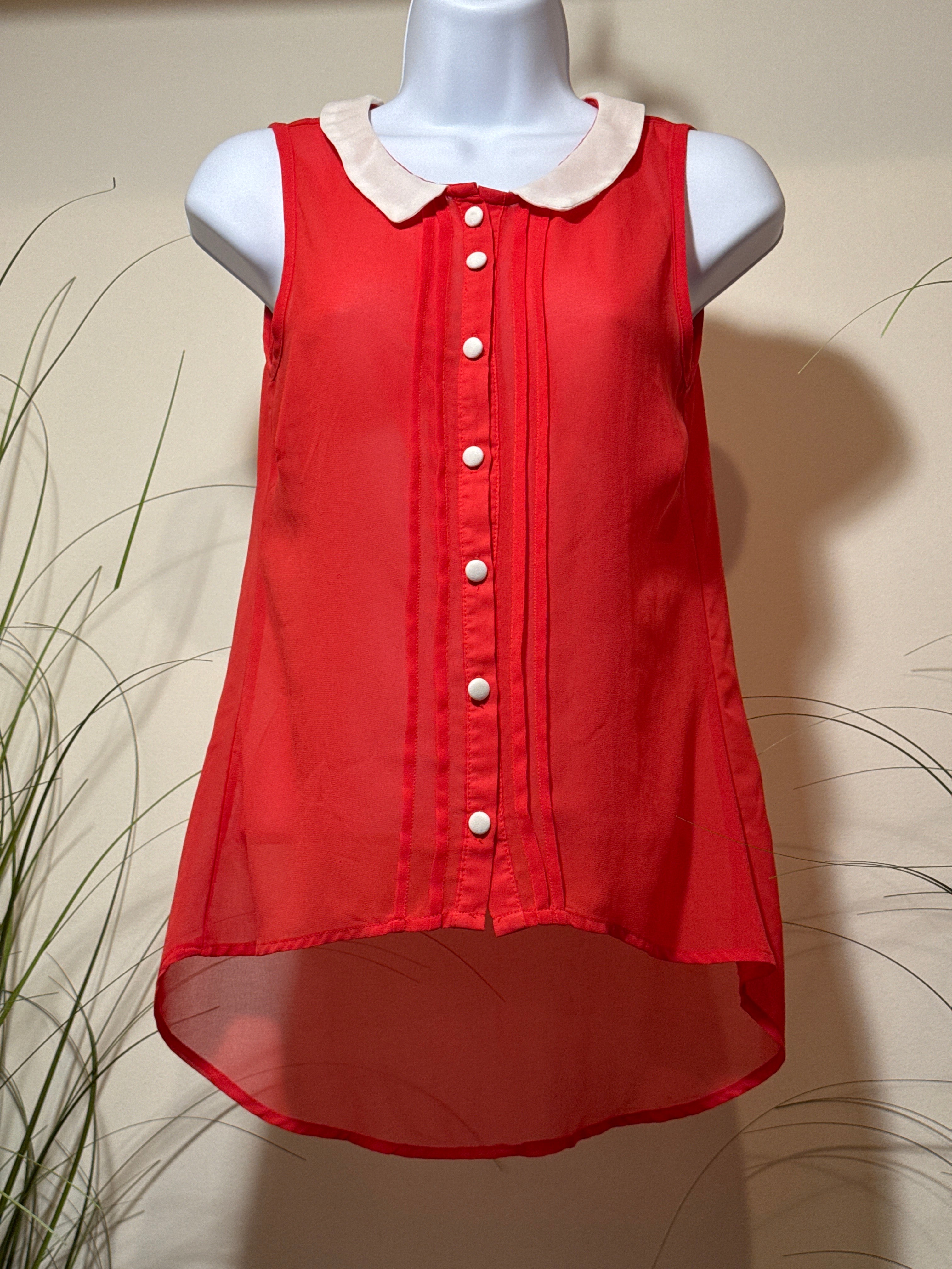 Sheer Red Top with White Collar and Matching Buttons