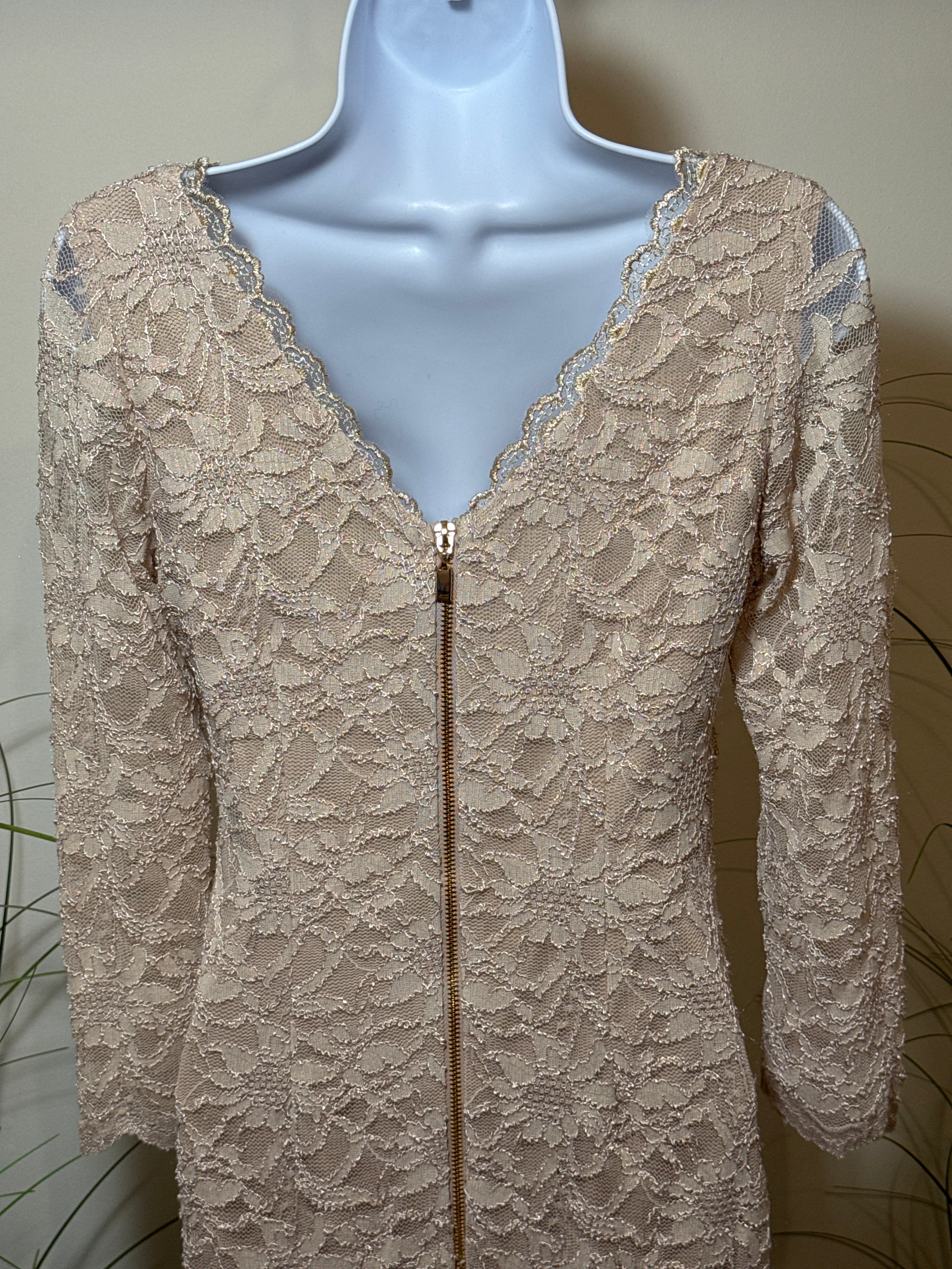 Frank Lyman Design Zipper Back Dress in Beige and Gold