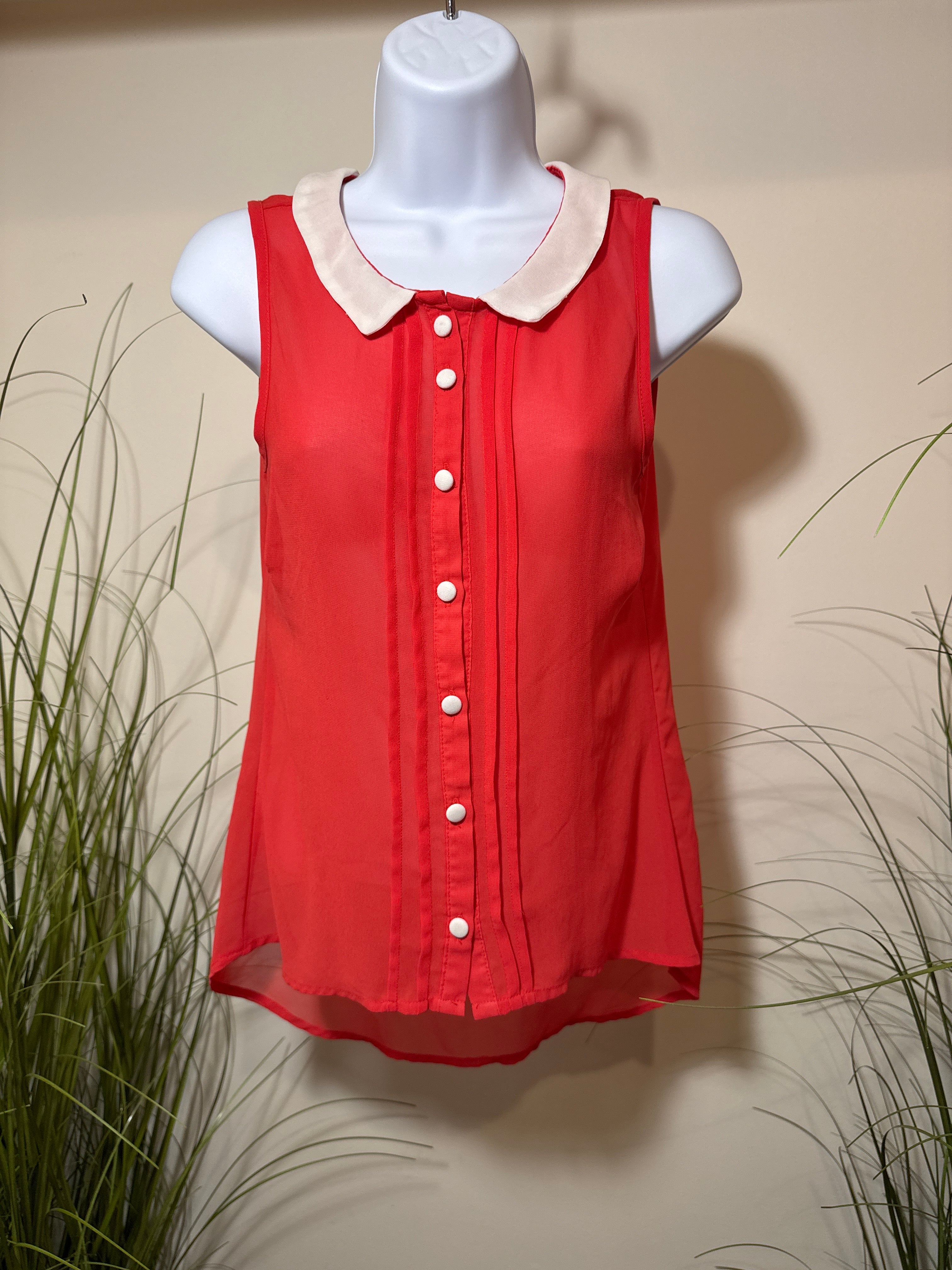Sheer Red Top with White Collar and Matching Buttons