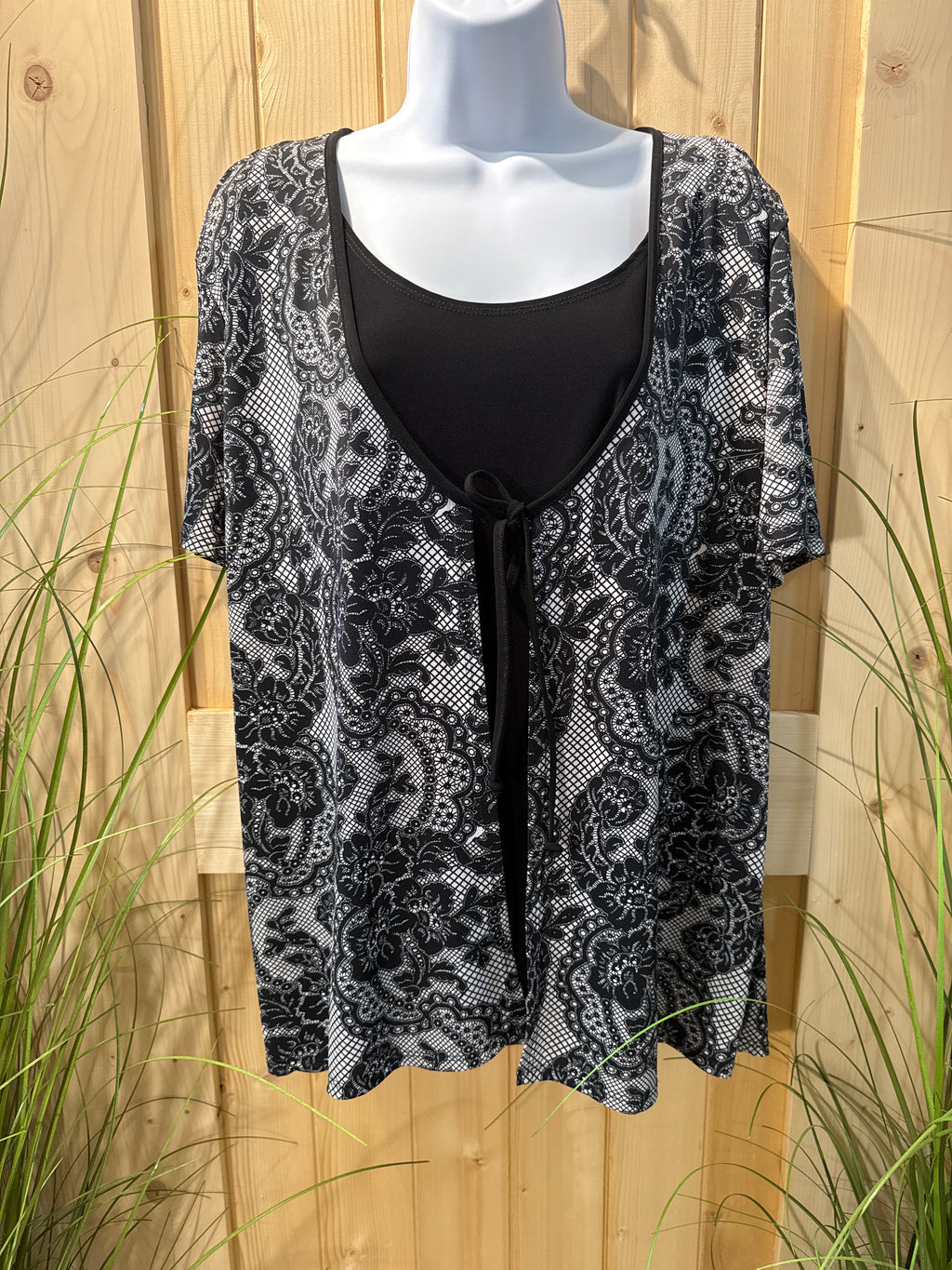 Vamp Black Short Sleeve Layered Top with Victorian Style Floral Pattern