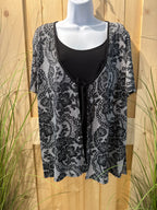 Vamp Black Short Sleeve Layered Top with Victorian Style Floral Pattern