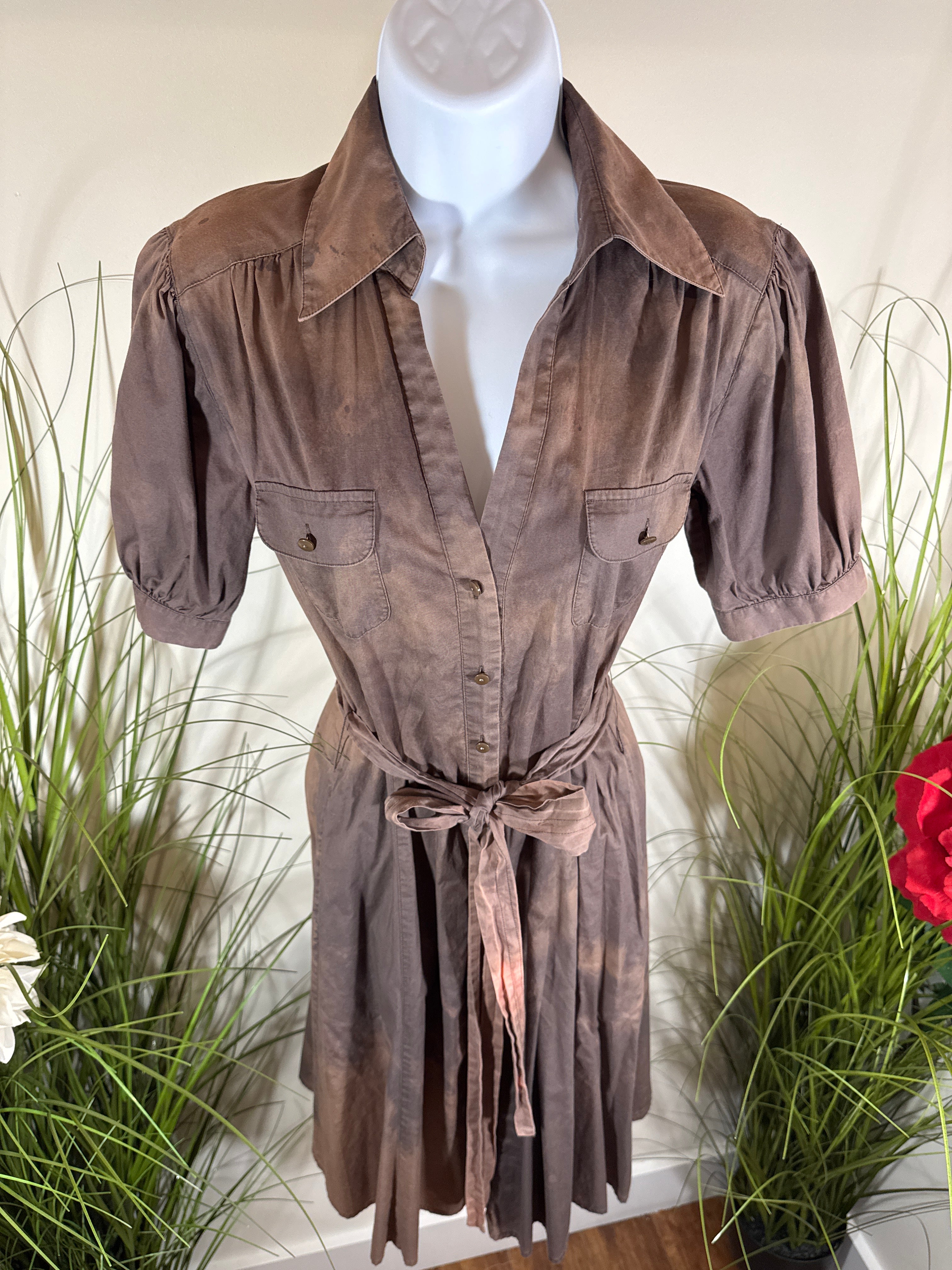 Cotton tie-dye Short Sleeve Dress-￼ button front collared