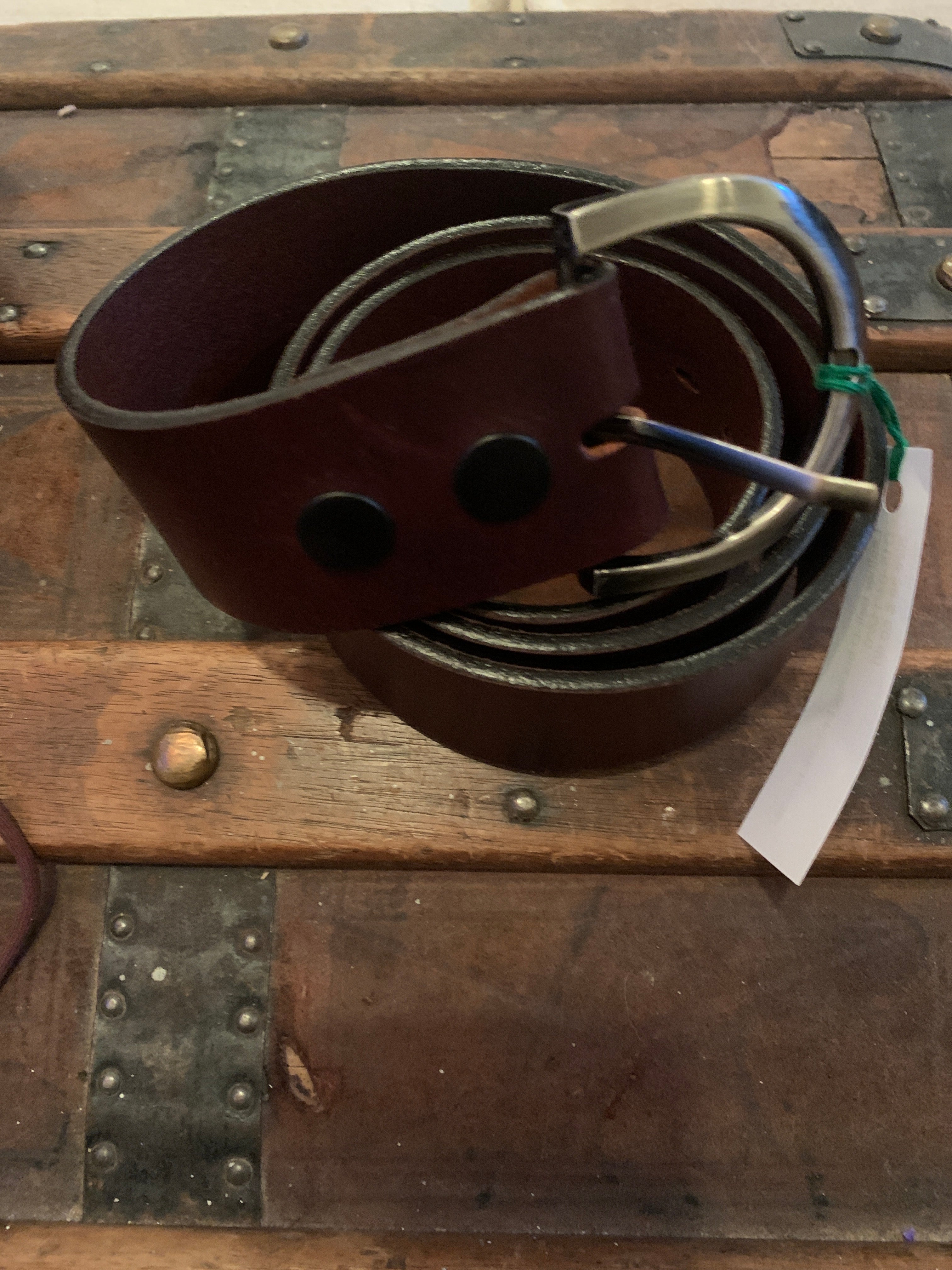 Dark brown Leather belt-pewter toned D buckle: