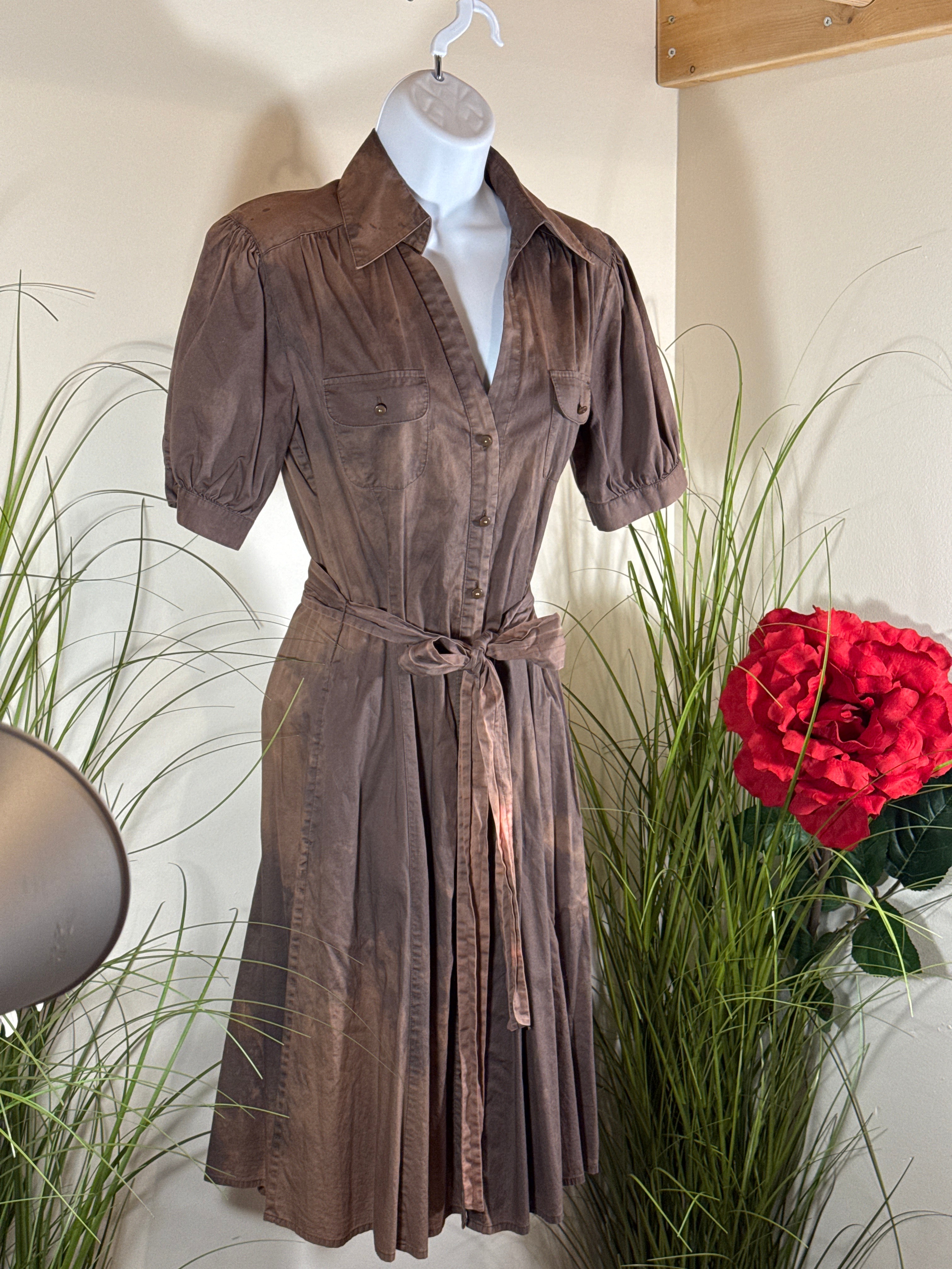 Cotton tie-dye Short Sleeve Dress-￼ button front collared