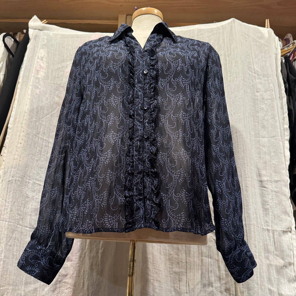 Size 12 Jessica Sheer Ruffle Front Button Up Blouse
