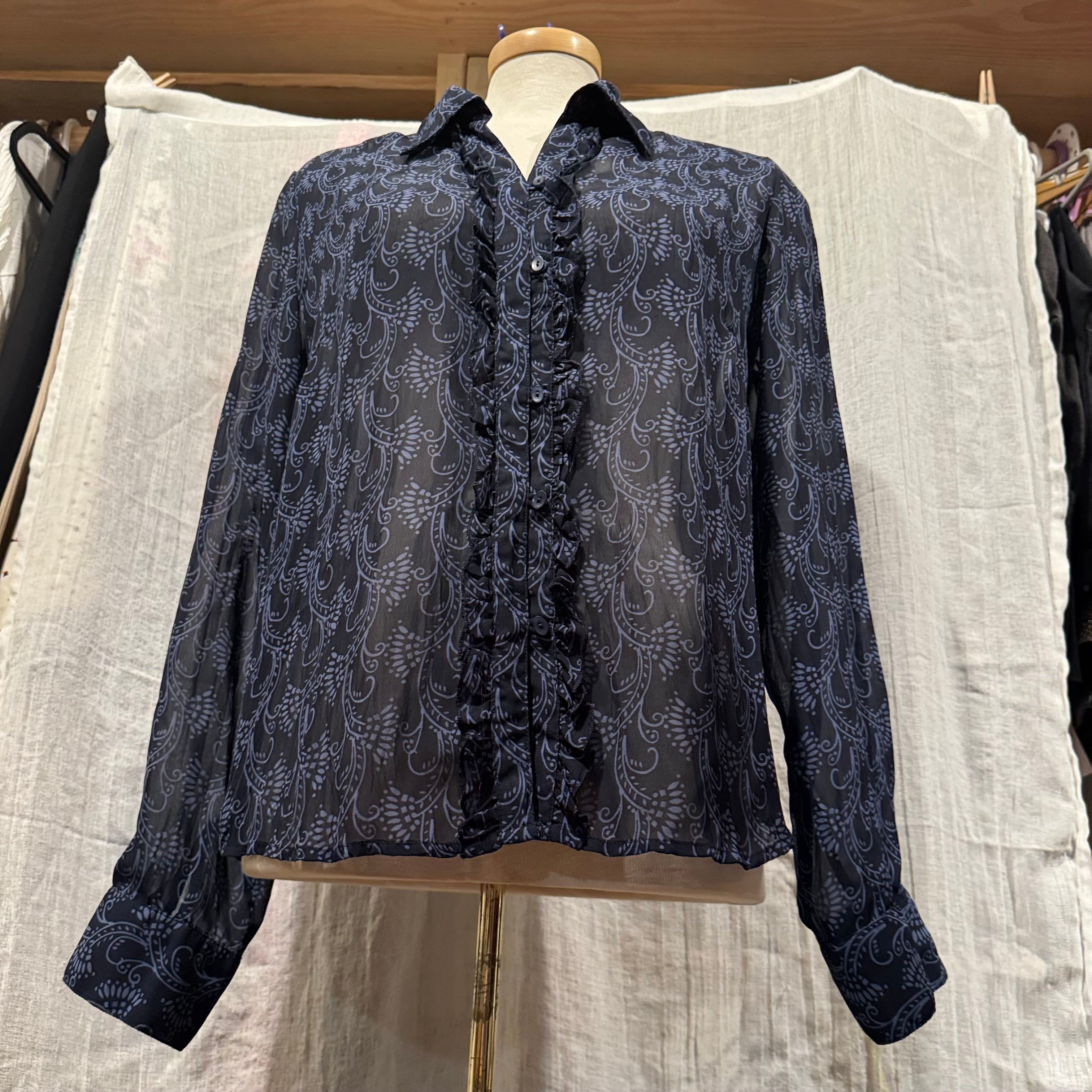 Size 12 Jessica Sheer Ruffle Front Button Up Blouse