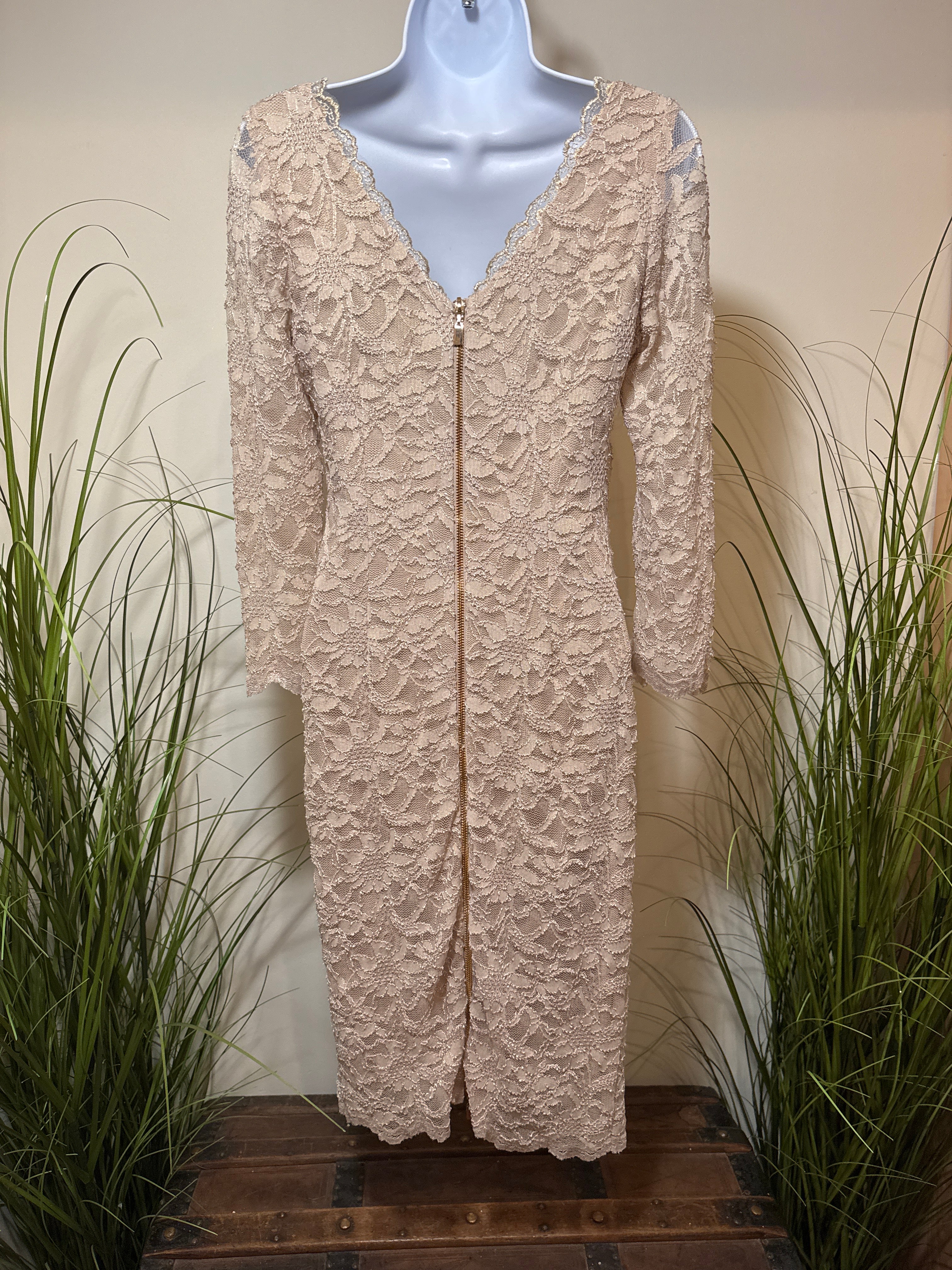 Frank Lyman Design Zipper Back Dress in Beige and Gold VARDO Vintage & Valuables Frank Lyman Design Zipper Back Dress in Beige and Gold VARDO Vintage & Valuables