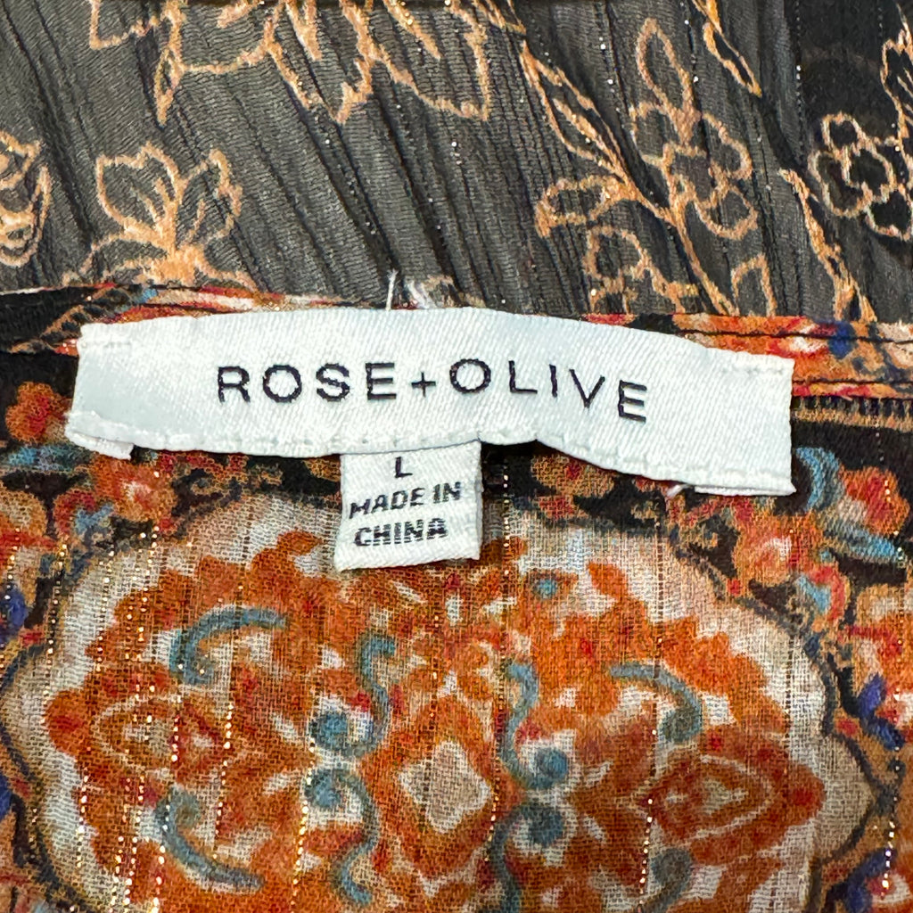 Size L Rose + Olive 100% Rayon Sheer Boho Blouse