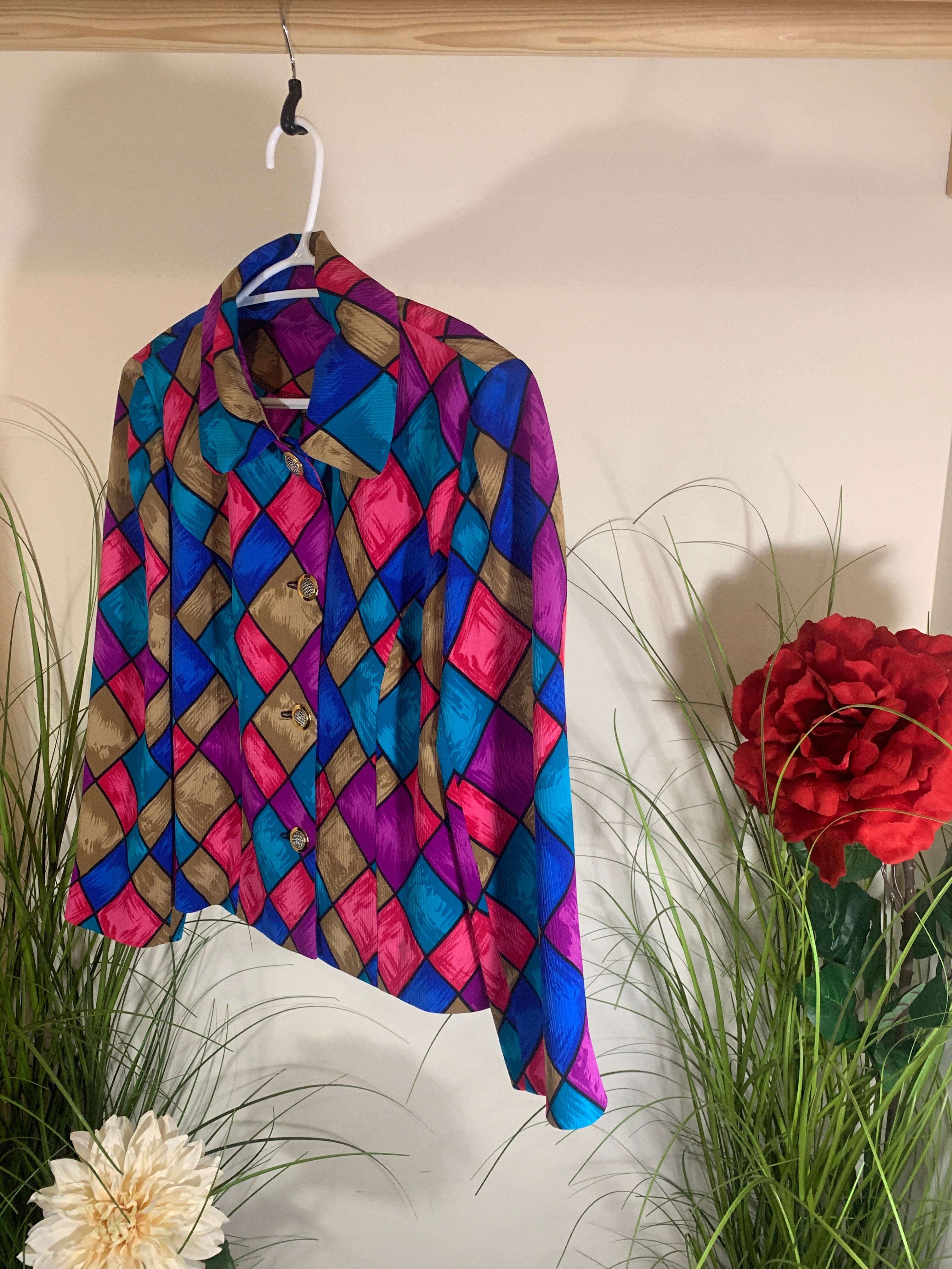 Vintage 80's Multi Colored Vibrant Stained Glass Look Blazer