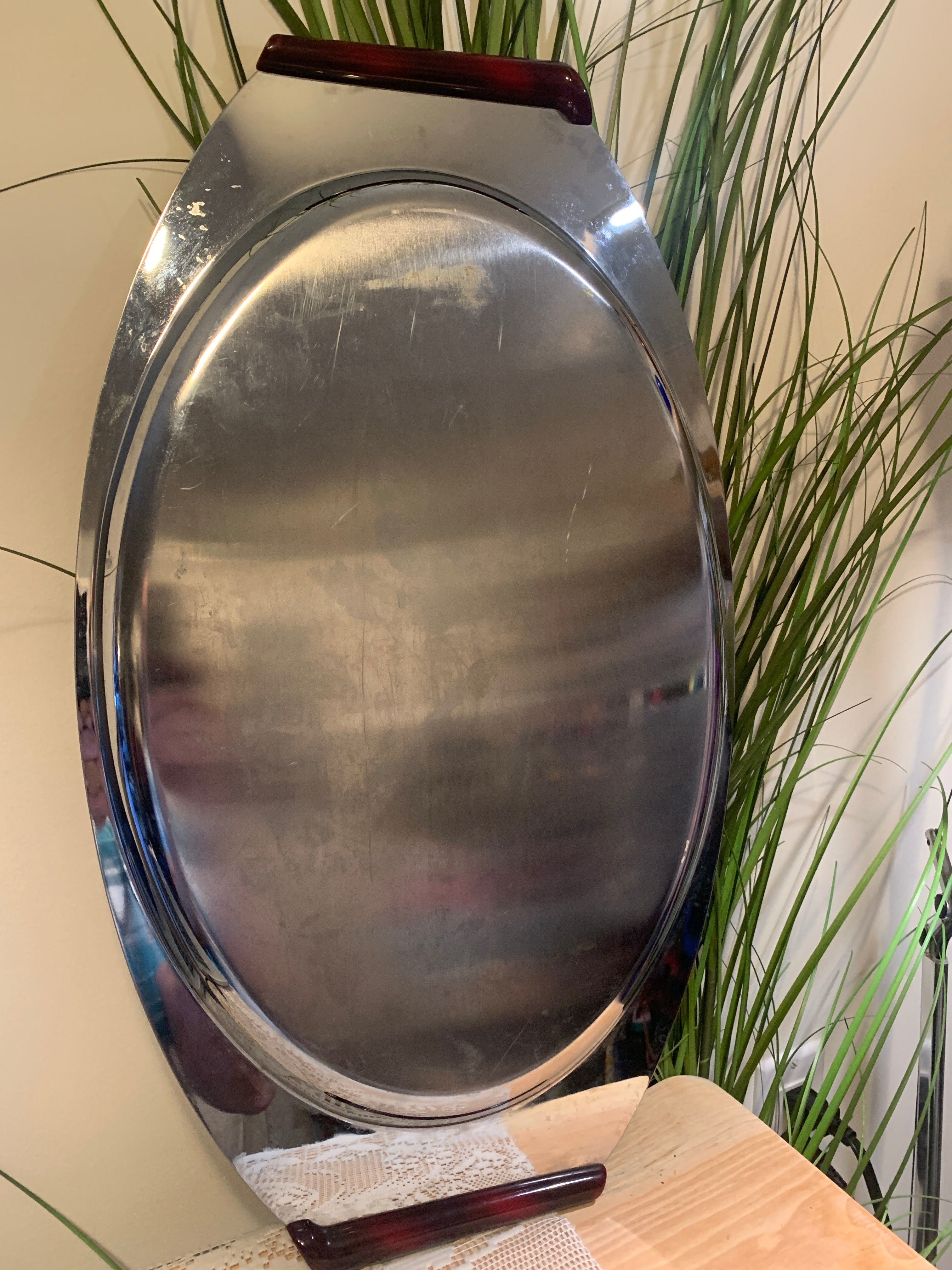 Vintage 50's Stainless Steel Platter with Bakelite Handles