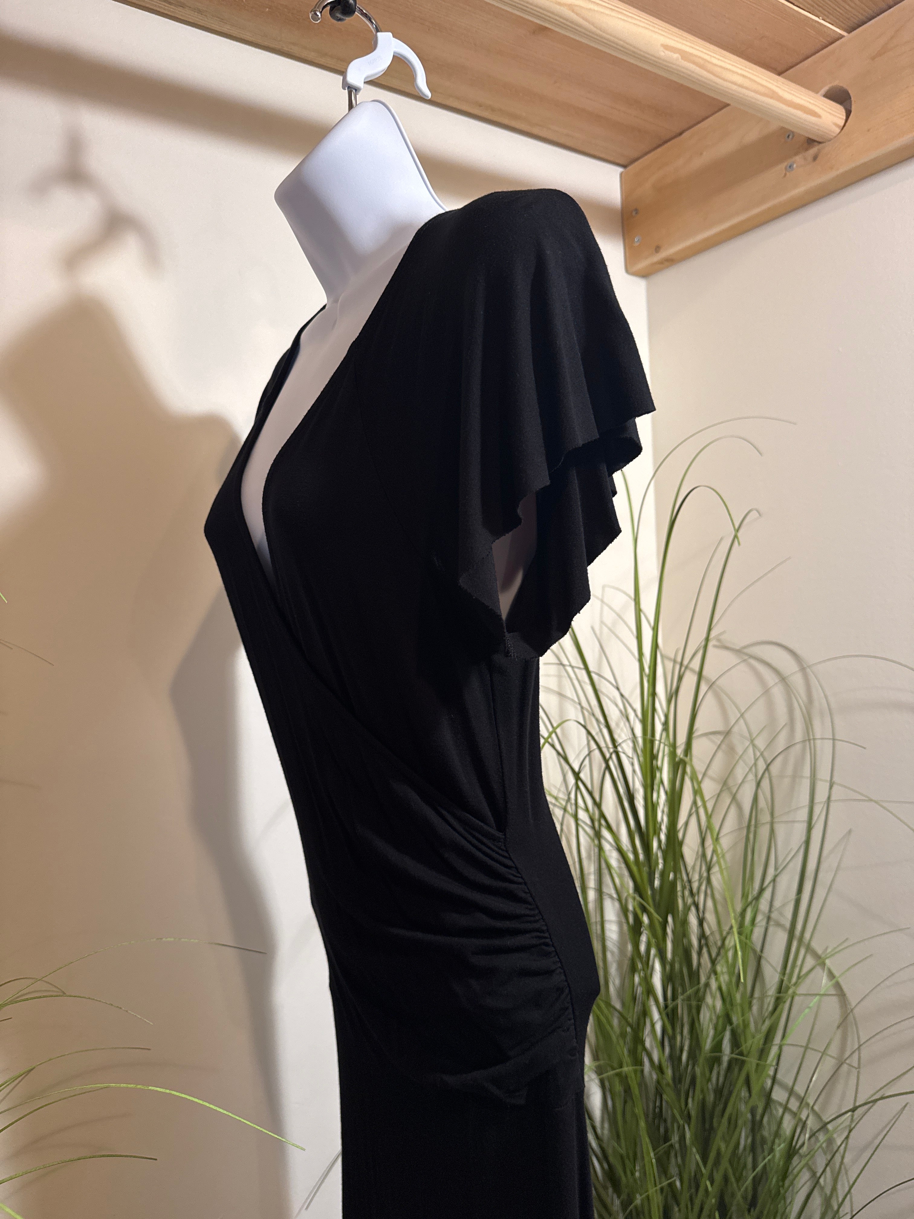 Plunging V-neck Long Black Rayon Dress