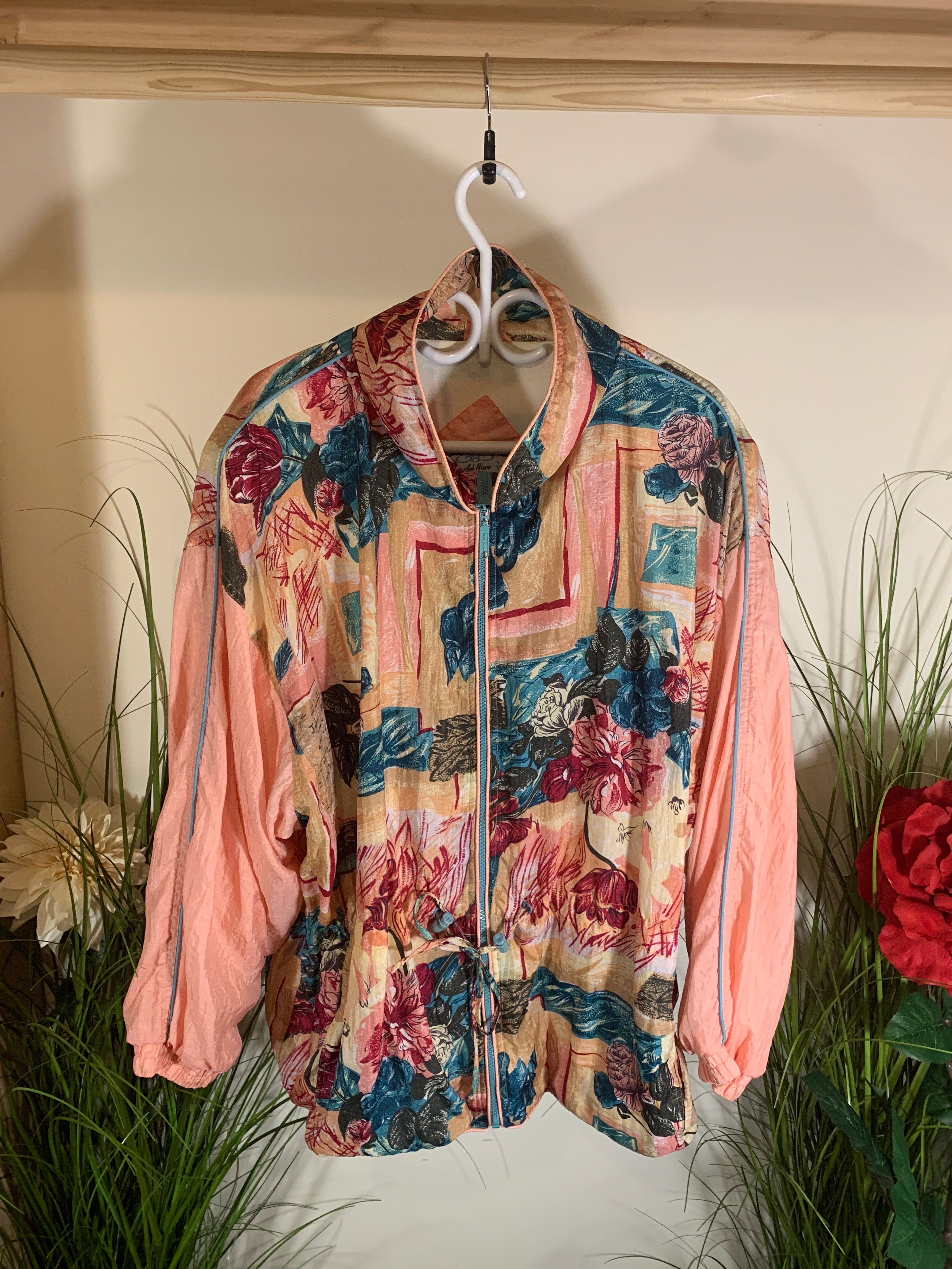 Size 4X Vintage 80's Club Nicco by Niccolini Multi Colored Floral Print Draw String Waist Zip Up Jacket