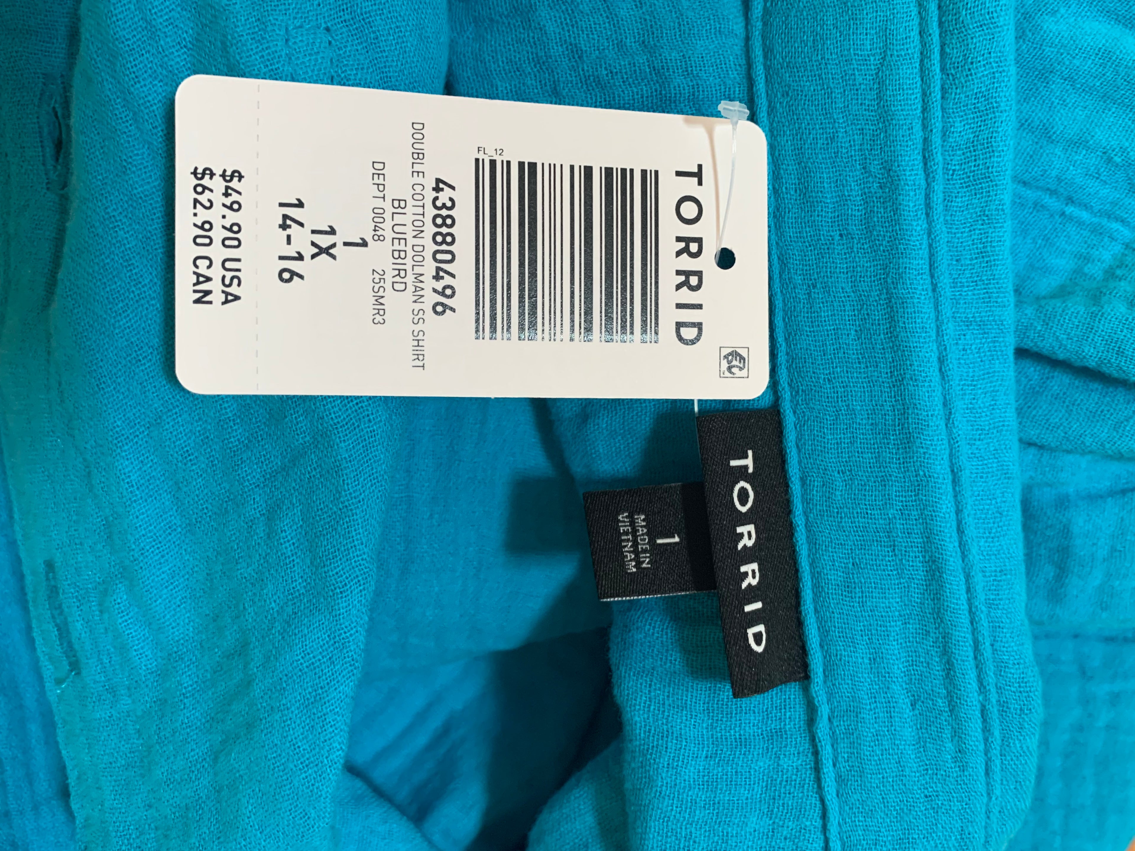 Brand New Size 1X 14-16 Torrid Turquoise Button Up Blouse 100% Cotton