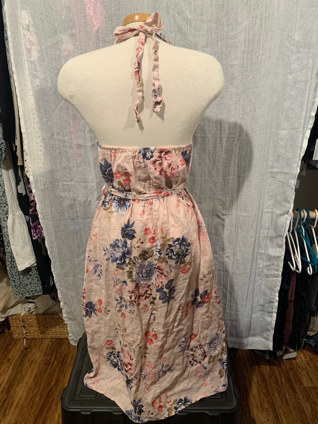Size L Valentina Naldi Made in Italy 100% Linen Floral Halter Neck Tie Summer Dress