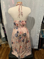 Size L Valentina Naldi Made in Italy 100% Linen Floral Halter Neck Tie Summer Dress