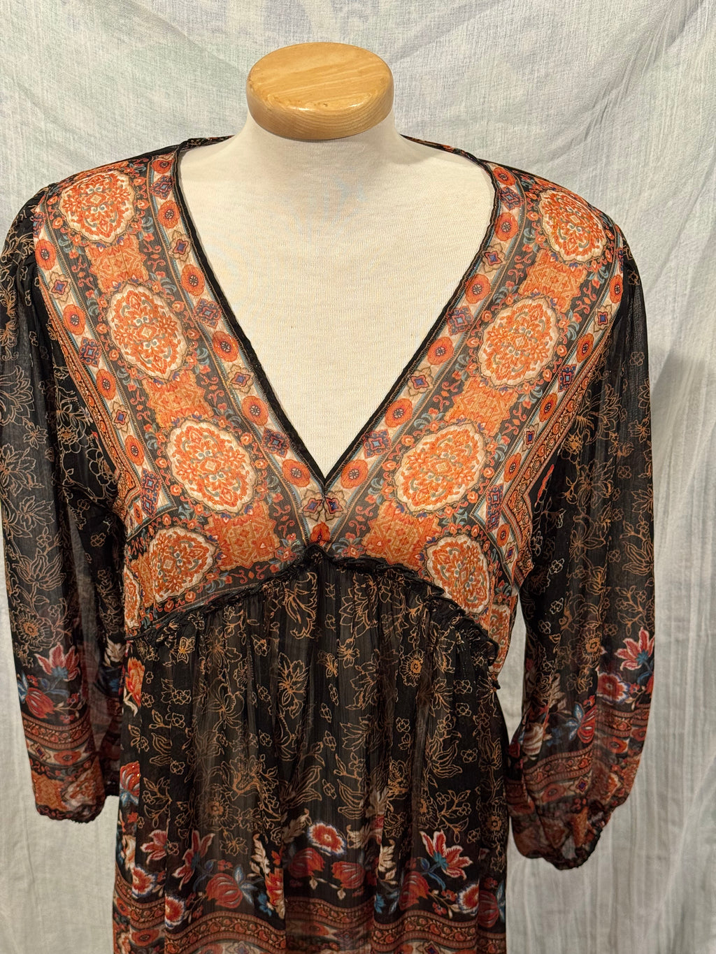 Size L Rose + Olive 100% Rayon Sheer Boho Blouse