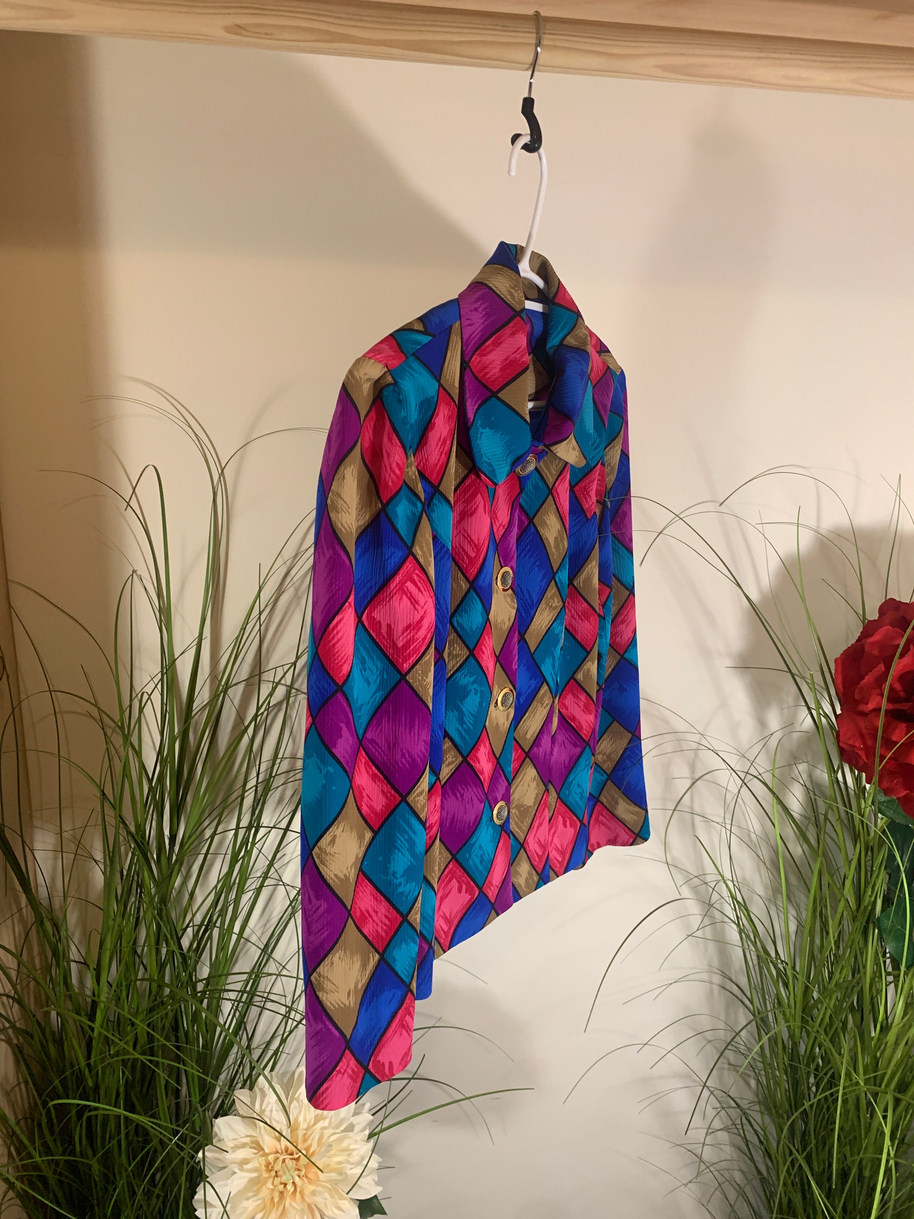 Vintage 80's Multi Colored Vibrant Stained Glass Look Blazer