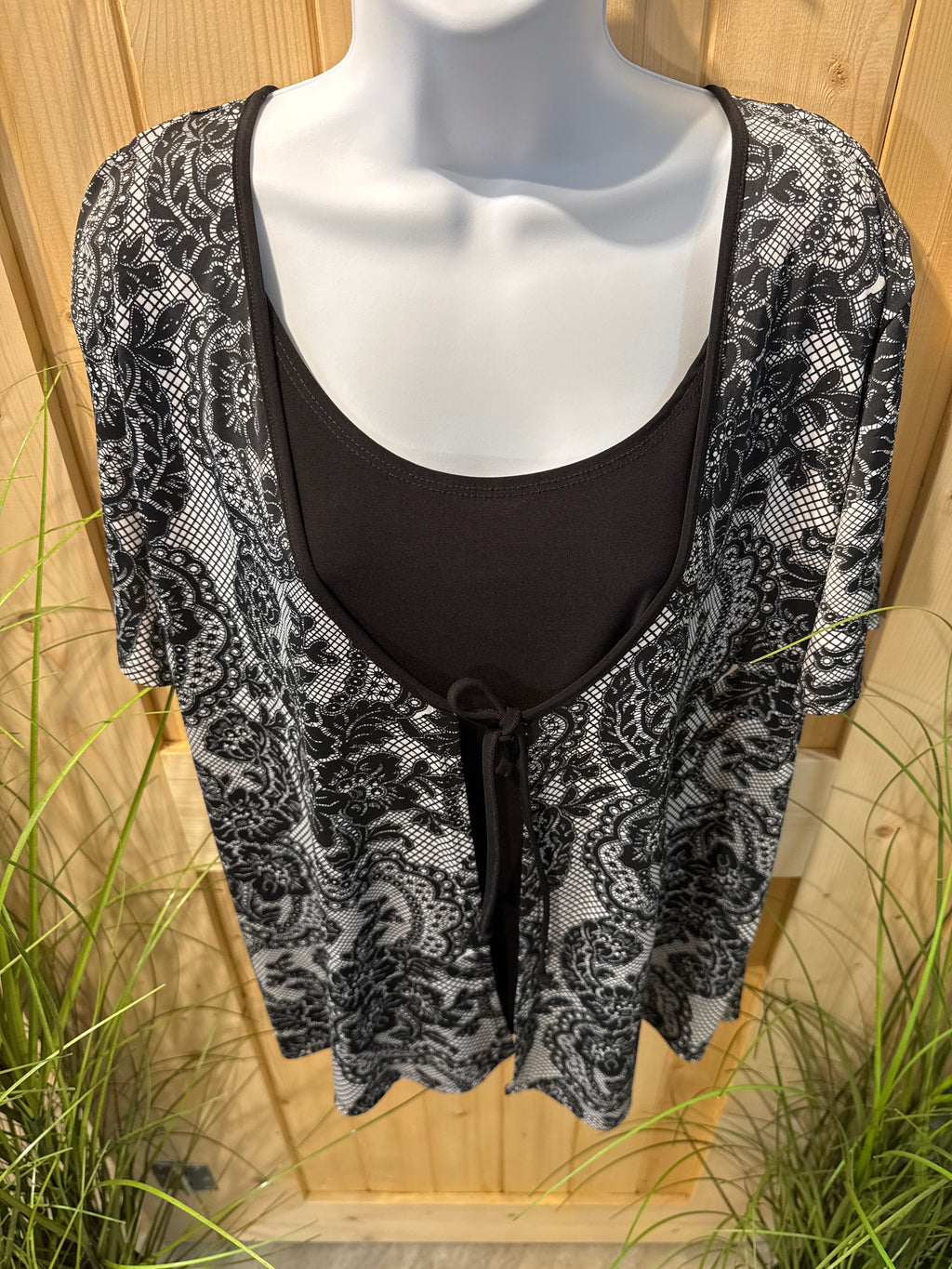 Vamp Black Short Sleeve Layered Top with Victorian Style Floral Pattern