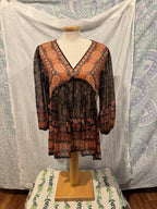 Size L Rose + Olive 100% Rayon Sheer Boho Blouse