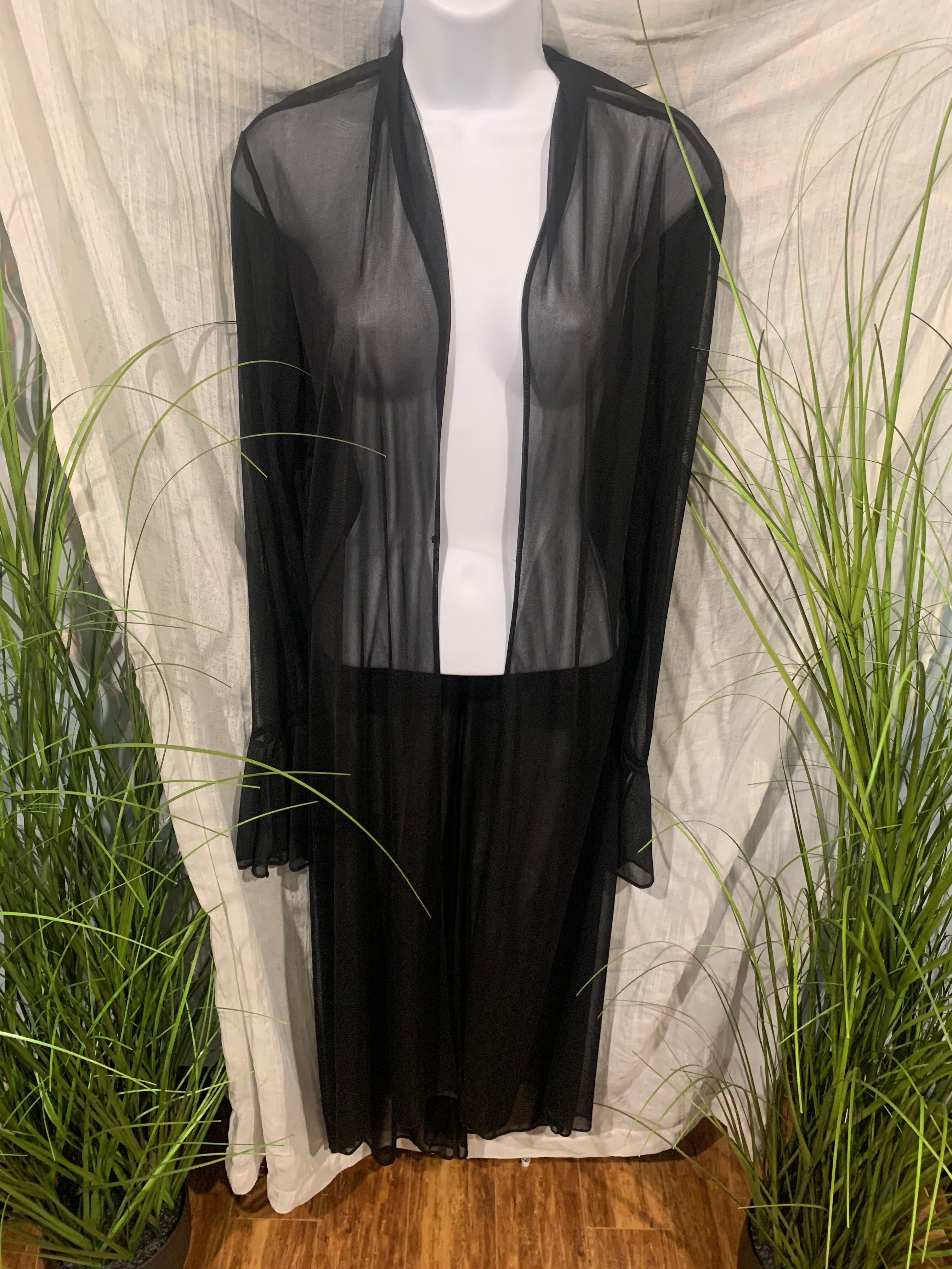 Size M Black Sheer Floor Length Duster/Robe with Flared Cuffs