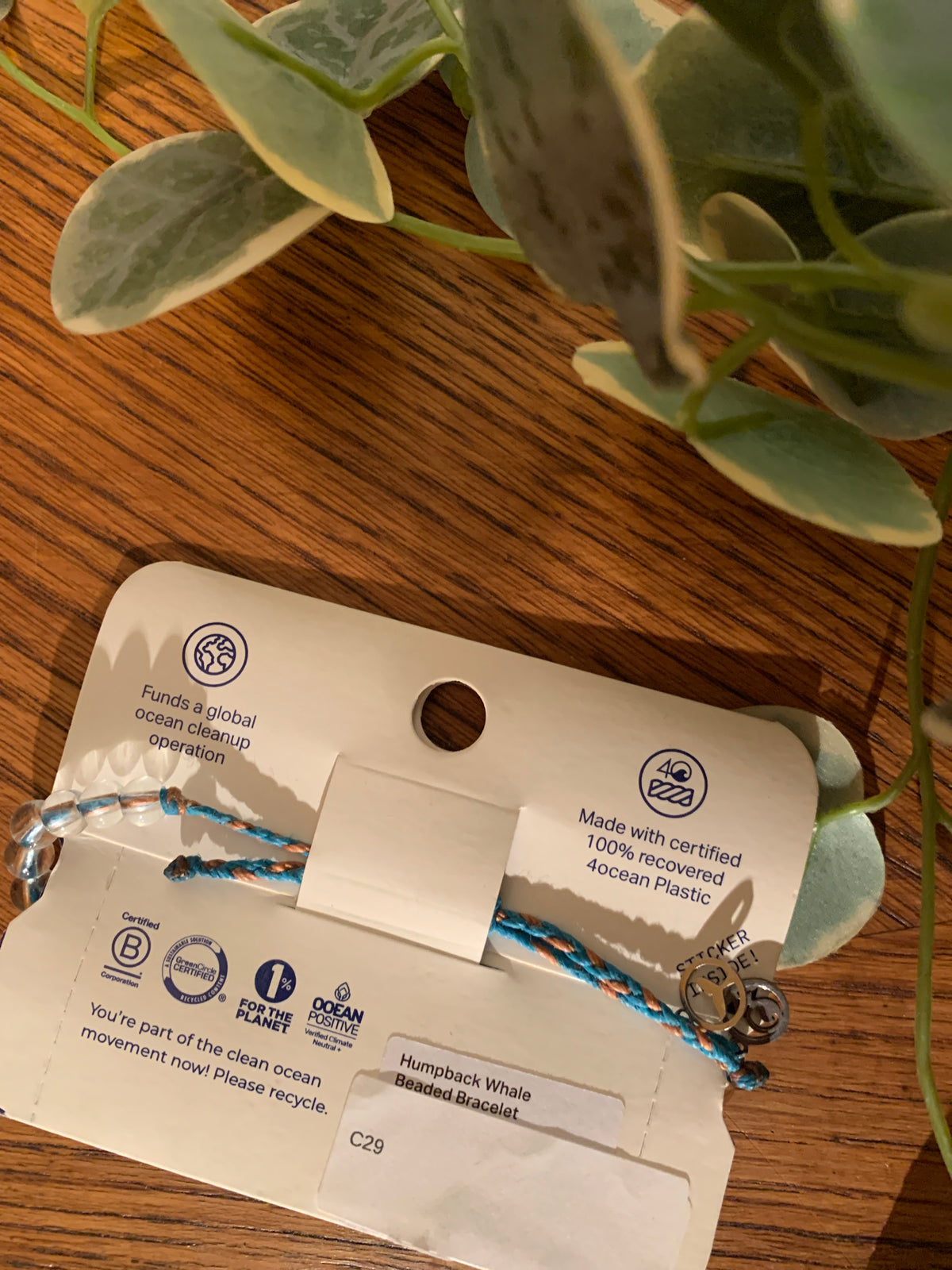 A small blue and white braided cord bracelet with silver-toned metal charms, attached to a white hang card, placed on a wooden surface with green plant leaves in the foreground.