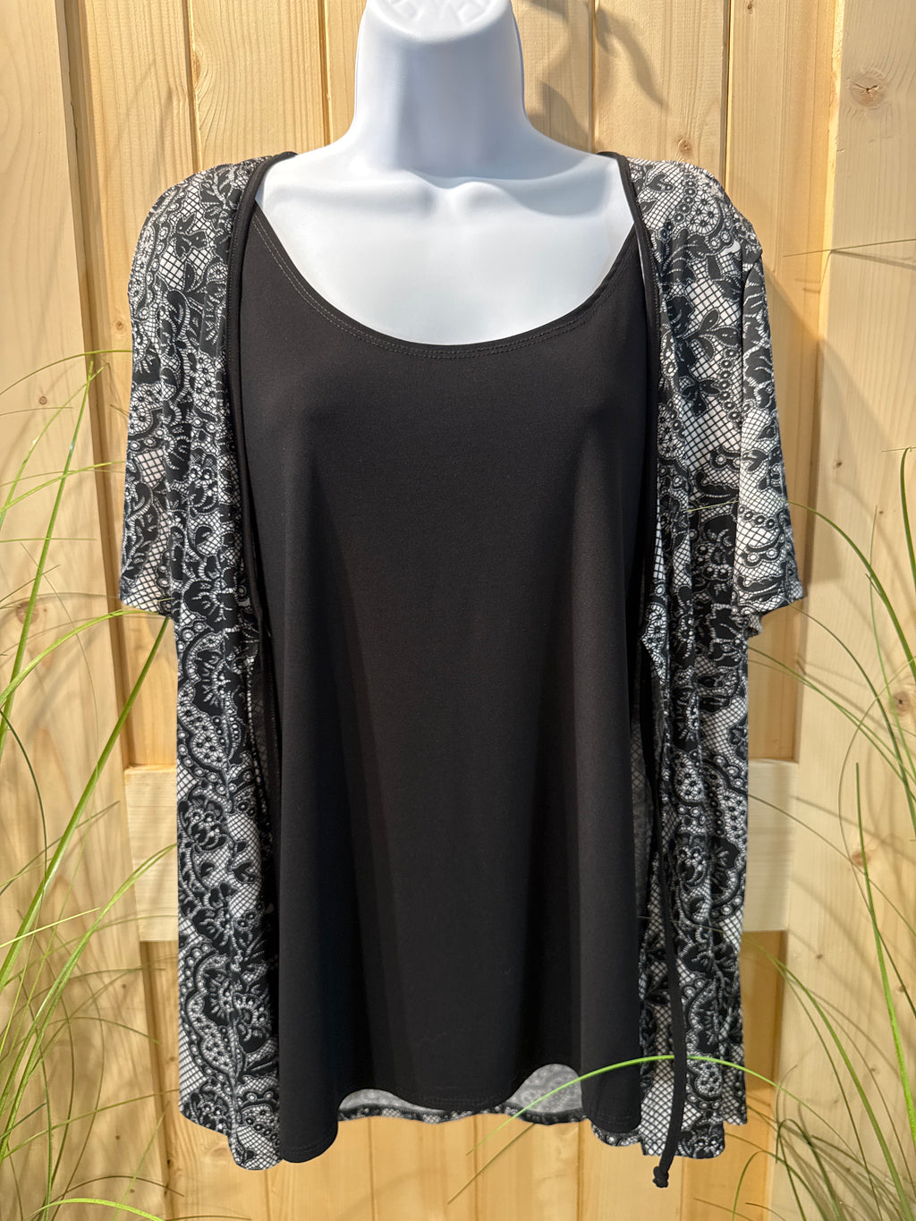 Vamp Black Short Sleeve Layered Top with Victorian Style Floral Pattern