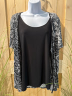 Vamp Black Short Sleeve Layered Top with Victorian Style Floral Pattern