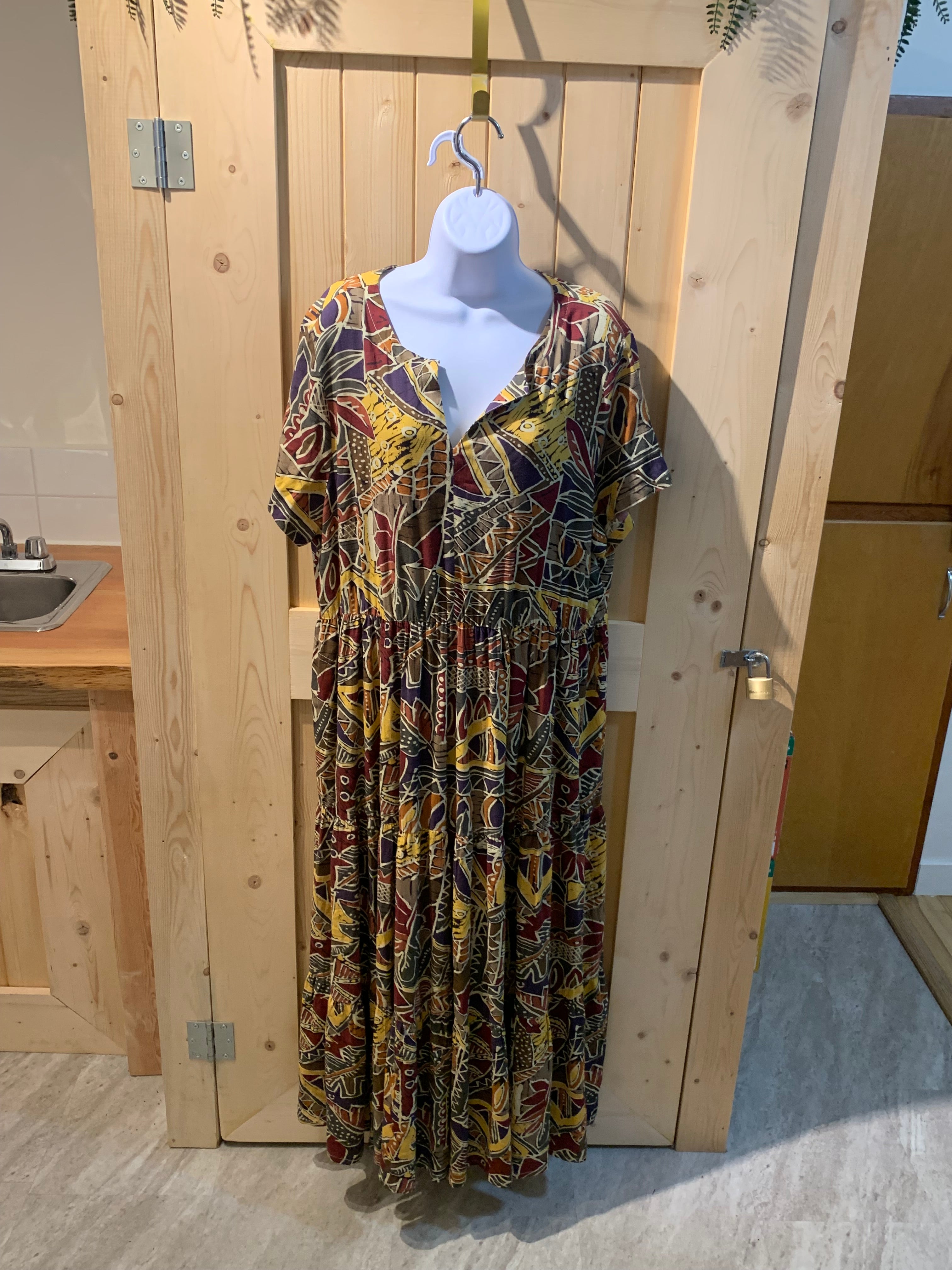 Size XL Blue Sky 50/50 Linen Bamboo Multi Colored Patterned Maxi Dress