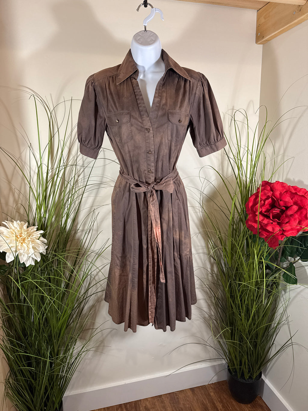 Cotton tie-dye Short Sleeve Dress-￼ button front collared