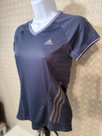 Navy blue, short sleeve, v-neck Adidas active wear women's fit top in extra small for sale by consignment.  