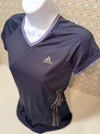 Navy blue, short sleeve, v-neck Adidas active wear women's fit top in extra small on consignment at Vardo Vintage and Valuables. 